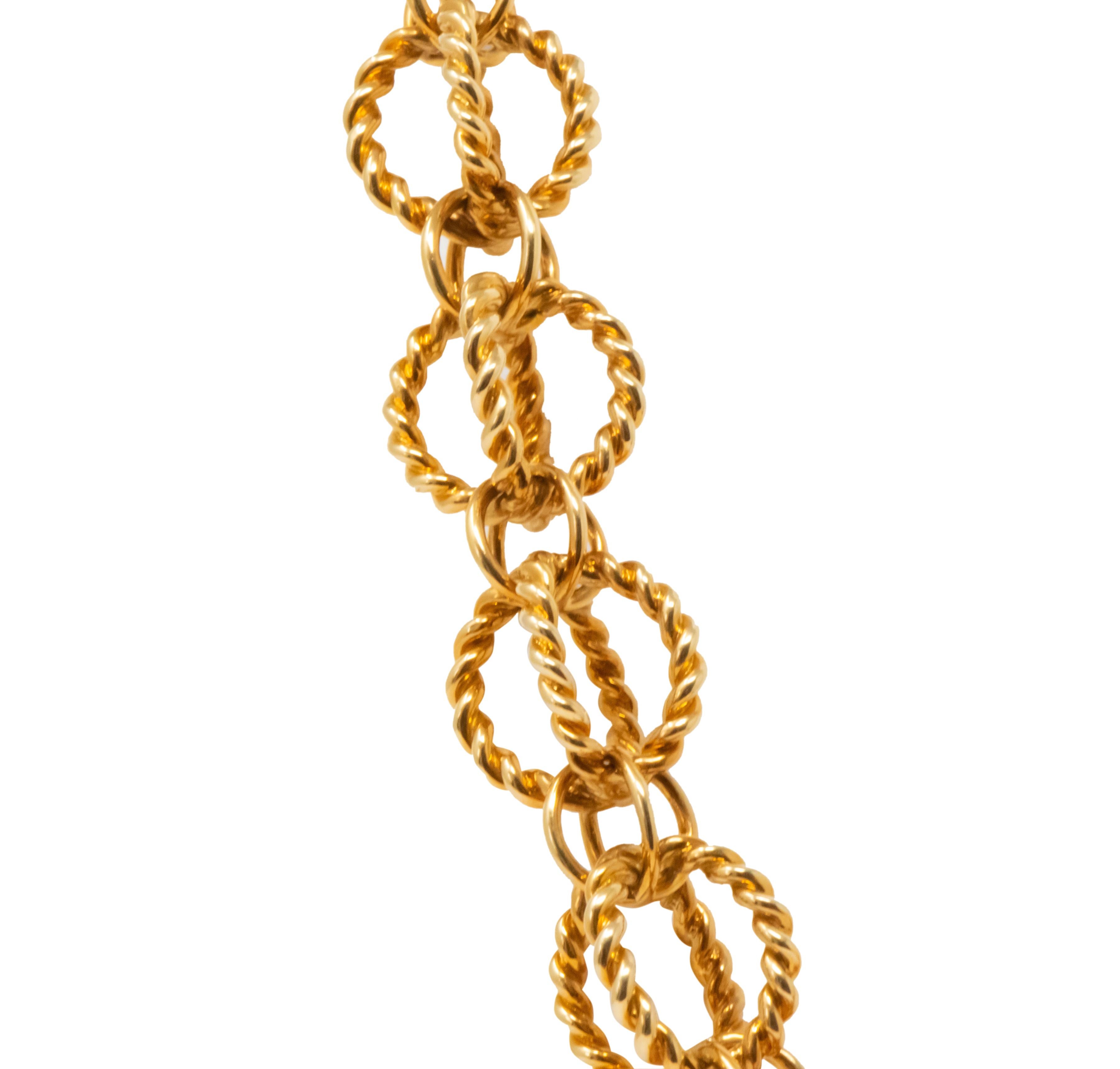 Link style necklace featuring large cage-like links comprised of a twisted rope motif

Interconnected with smaller cage-like polished gold links

Completed by concealed swinging hinged clasp with figure-eight safety

Fully signed Schlumberger and