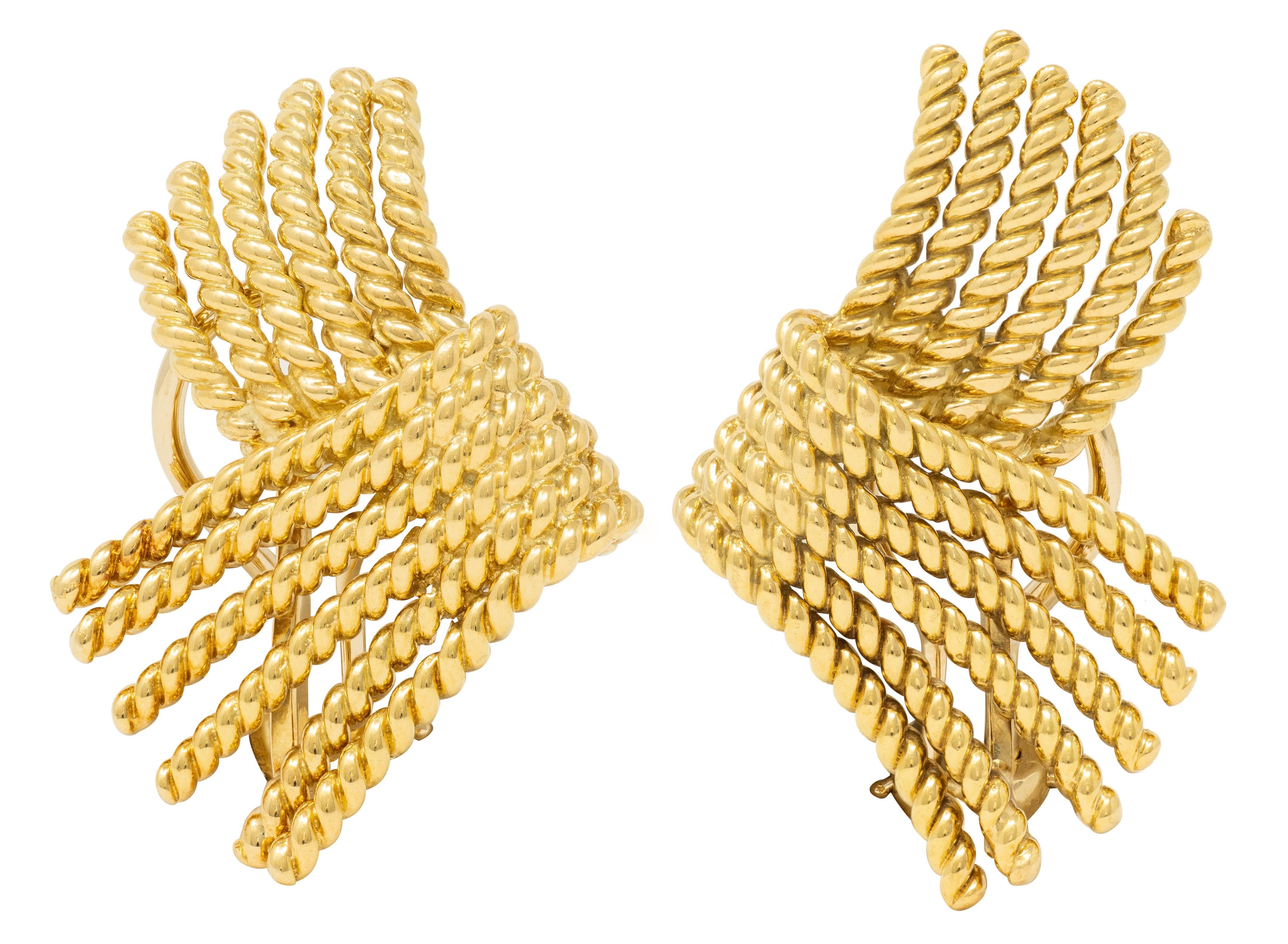 Schlumberger Tiffany & Co. 1960 18K Gold Vintage Fanning Rope Ear-Clip Earrings en Excelente estado para la venta en Philadelphia, PA