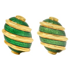 Schlumberger Tiffany & Co. 1970's Enamel 18 Karat Gold Green Olive Earrings