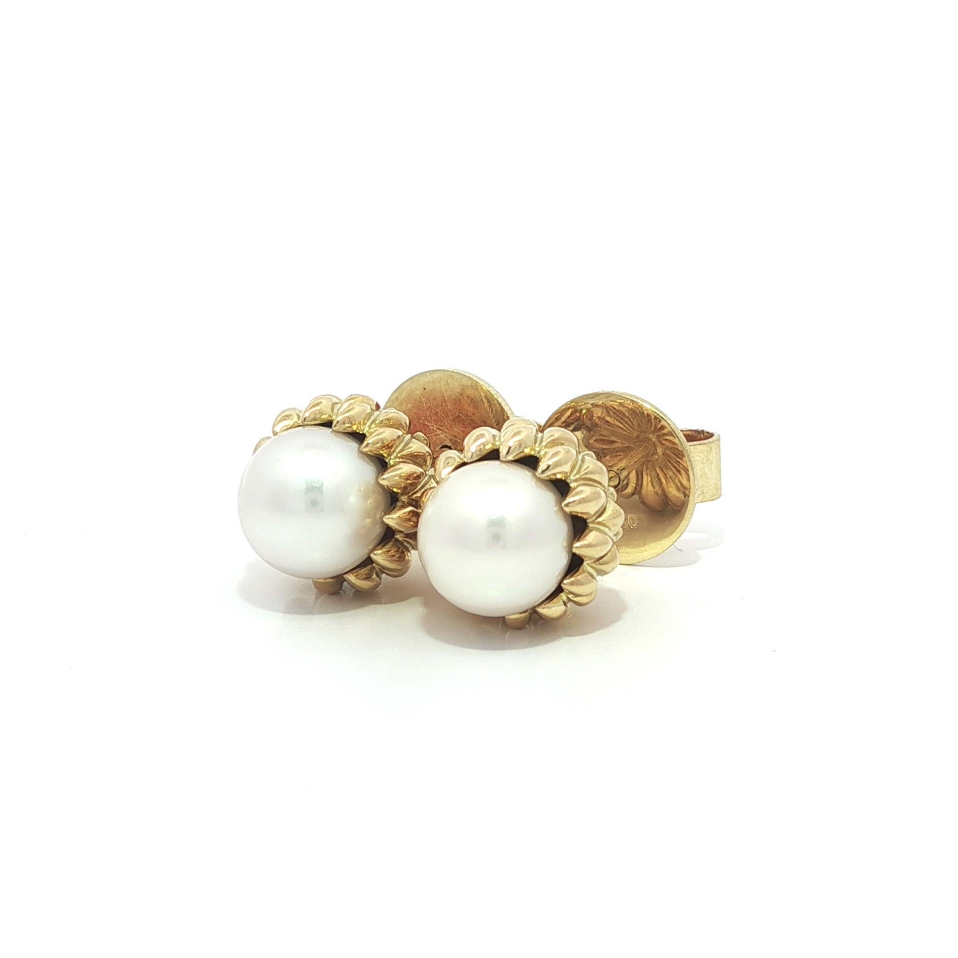 Schlumberger Tiffany 
Co. Acorn 18k Yellow Gold 7.2mm Akoya Pearl Stud Earrings