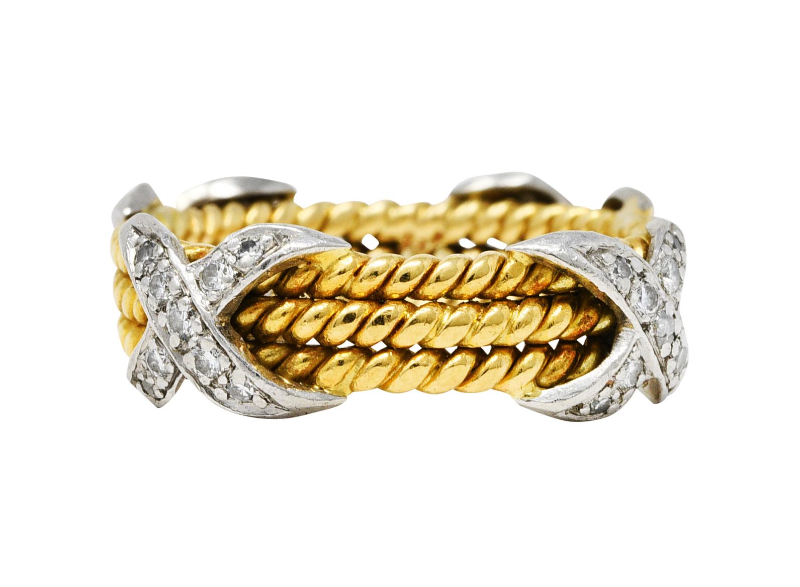 Band ring is comprised of three segments of gold twisted rope

With four platinum X stations - bead set with round brilliant cut diamonds

Weighing in total approximately 0.30 carat - eye clean and bright

Stamped 18K for 18 karat gold while Xs