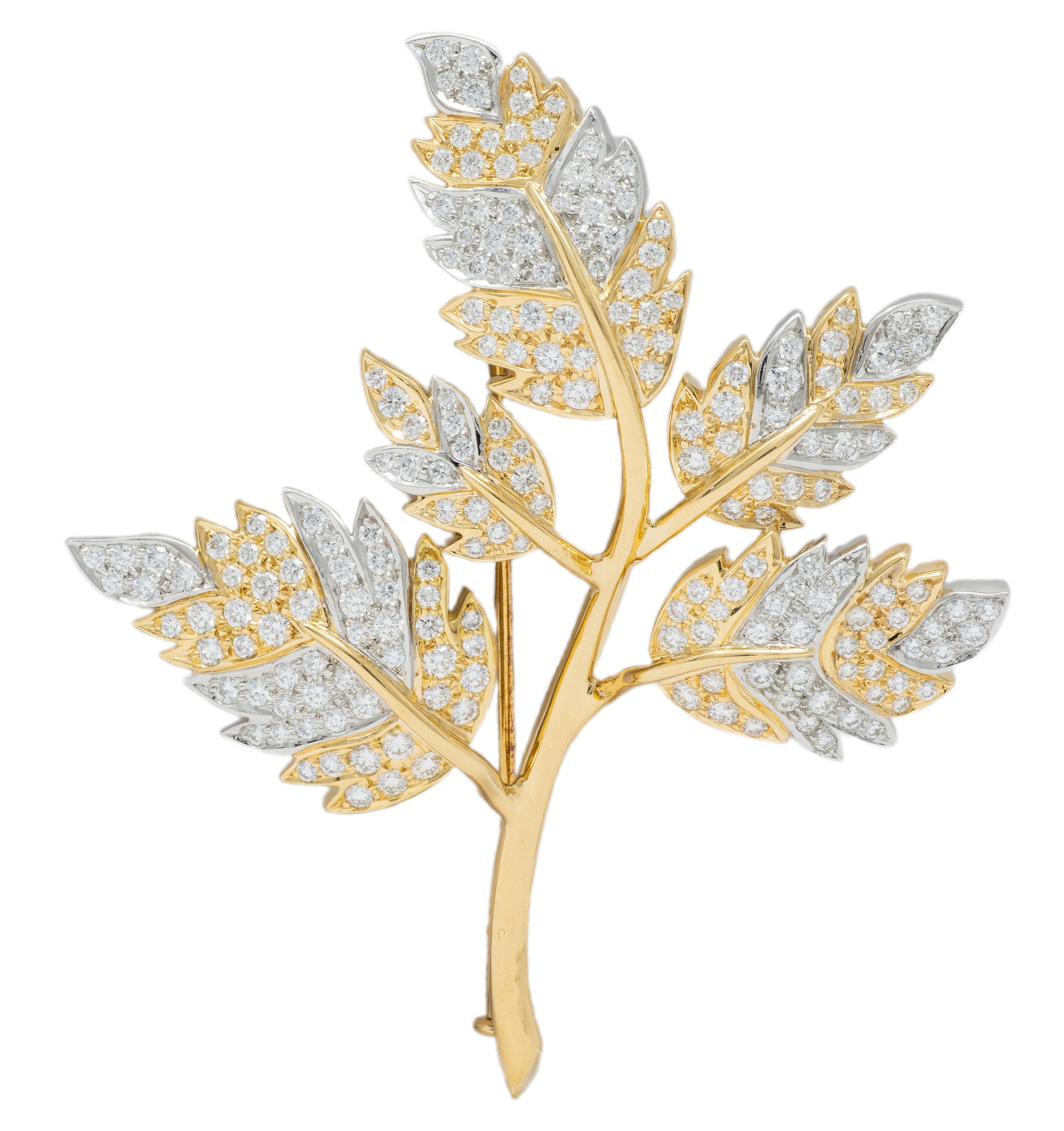 Schlumberger Tiffany 
Co. Diamond Platinum 18 Karat Yellow Gold 5 Leaf Brooch