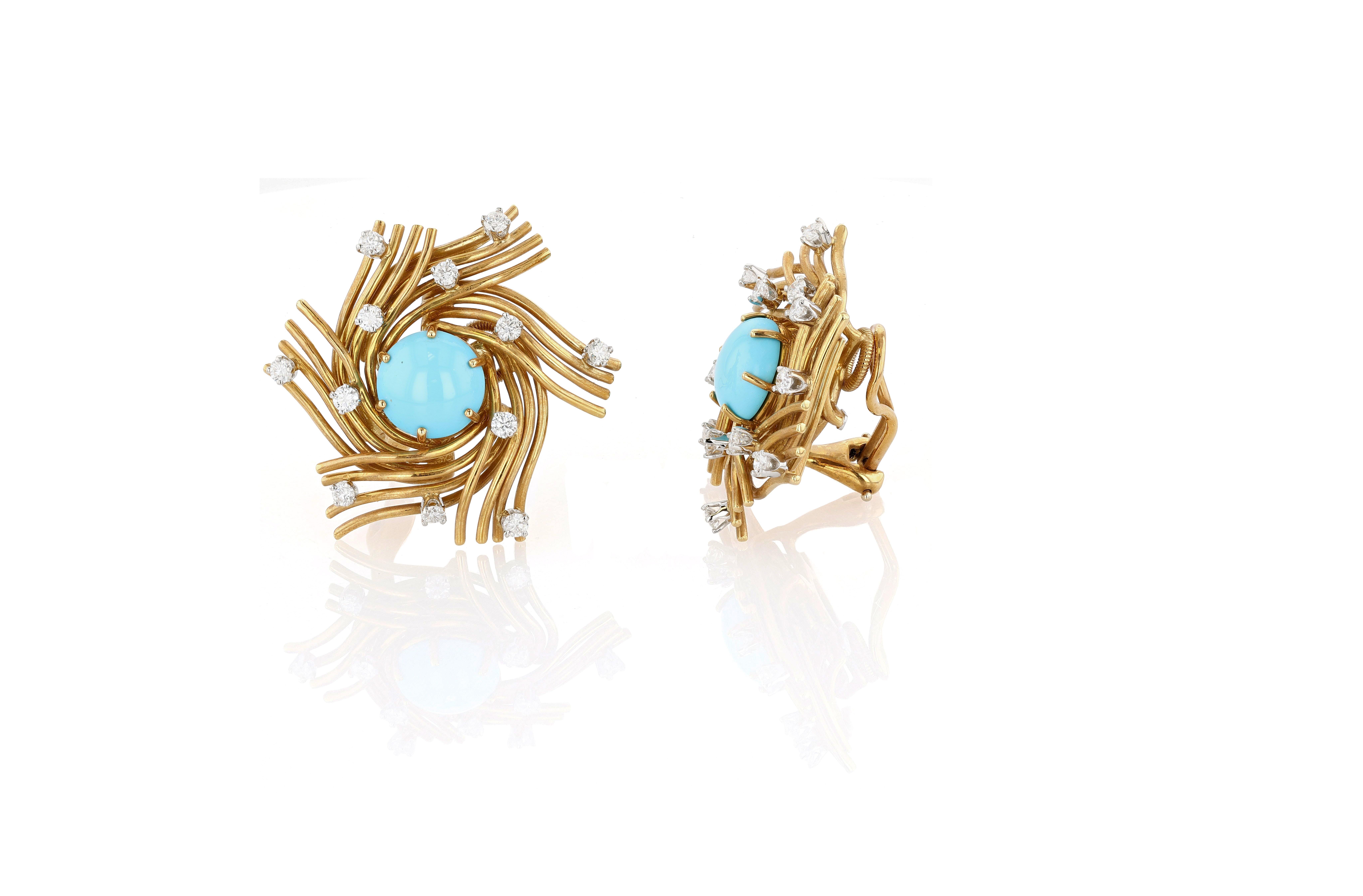 Artigiano Schlumberger Tiffany & Co. Fermagli a nido d'uccello in oro, turchese e diamanti in vendita
