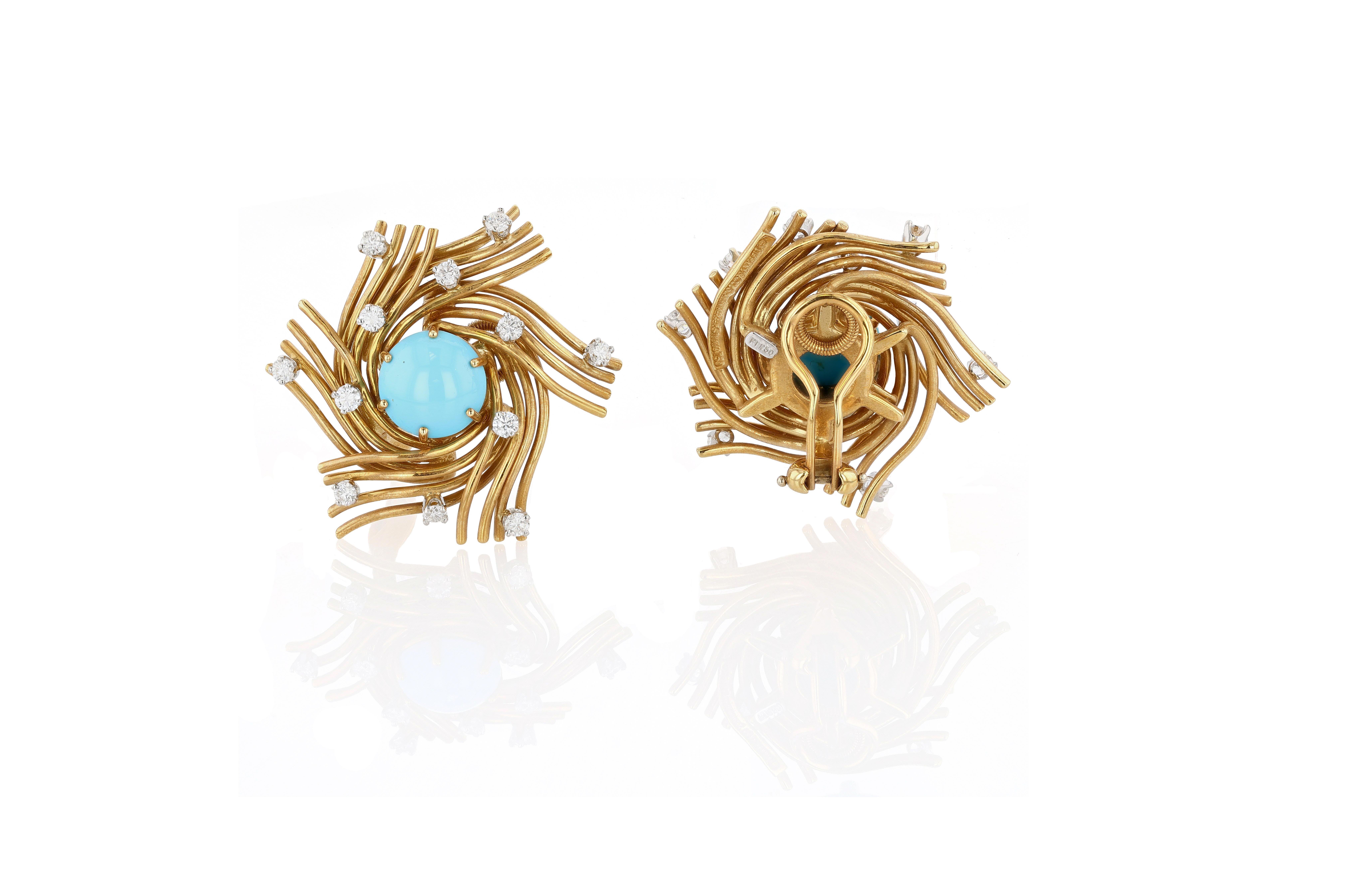 Cabochon Schlumberger Tiffany & Co. Fermagli a nido d'uccello in oro, turchese e diamanti in vendita
