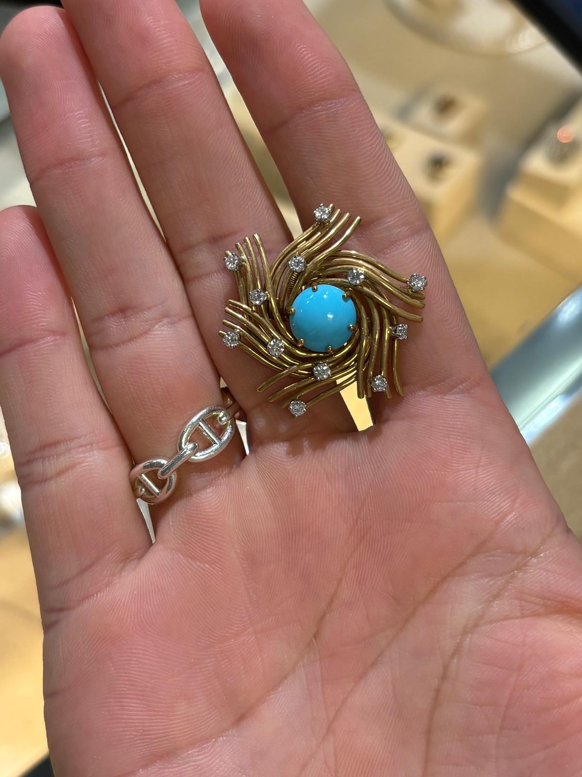 Schlumberger Tiffany & Co. Fermagli a nido d'uccello in oro, turchese e diamanti In condizioni buone in vendita a Princeton, NJ