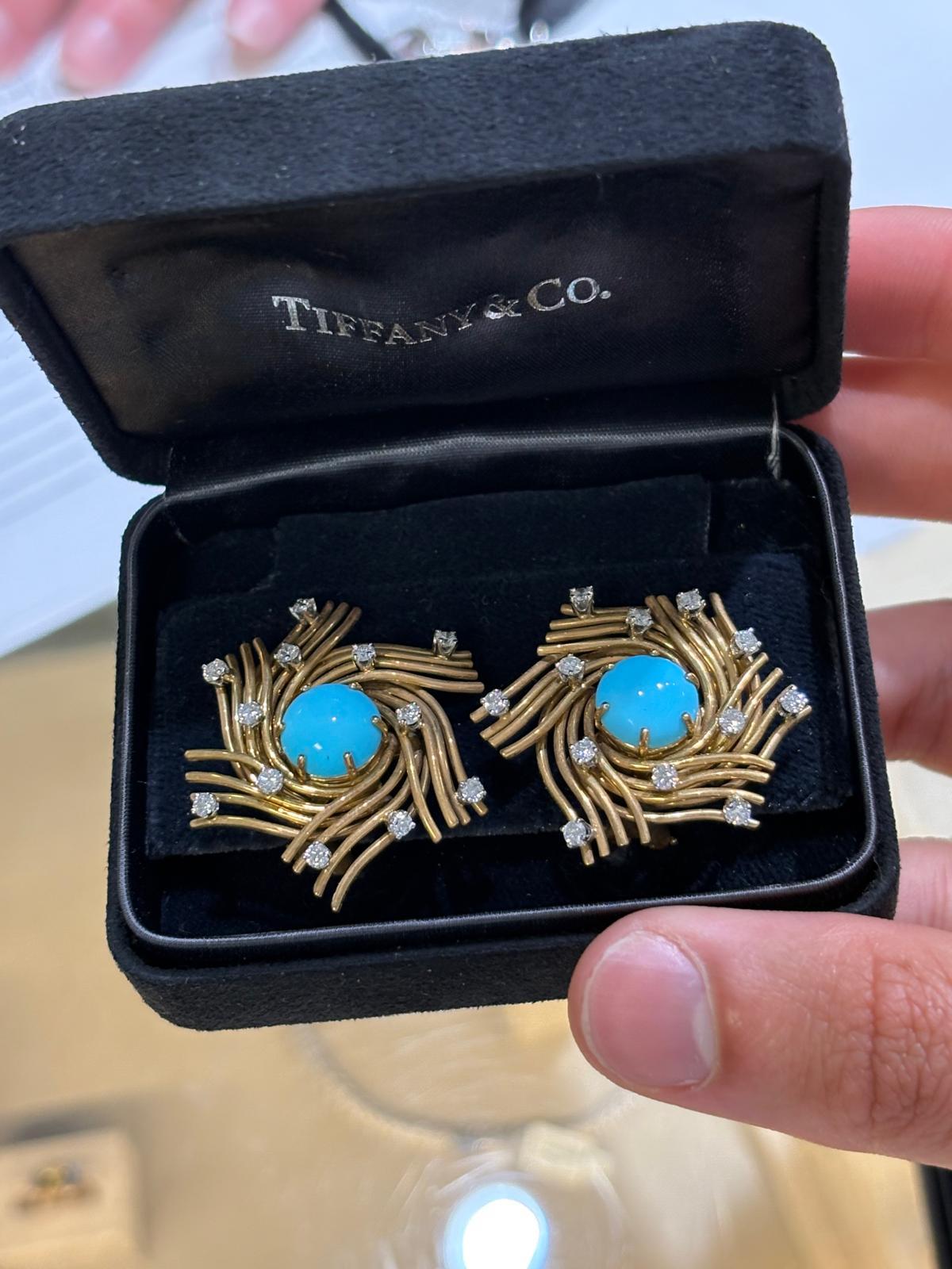 da uomo o donna Schlumberger Tiffany & Co. Fermagli a nido d'uccello in oro, turchese e diamanti in vendita