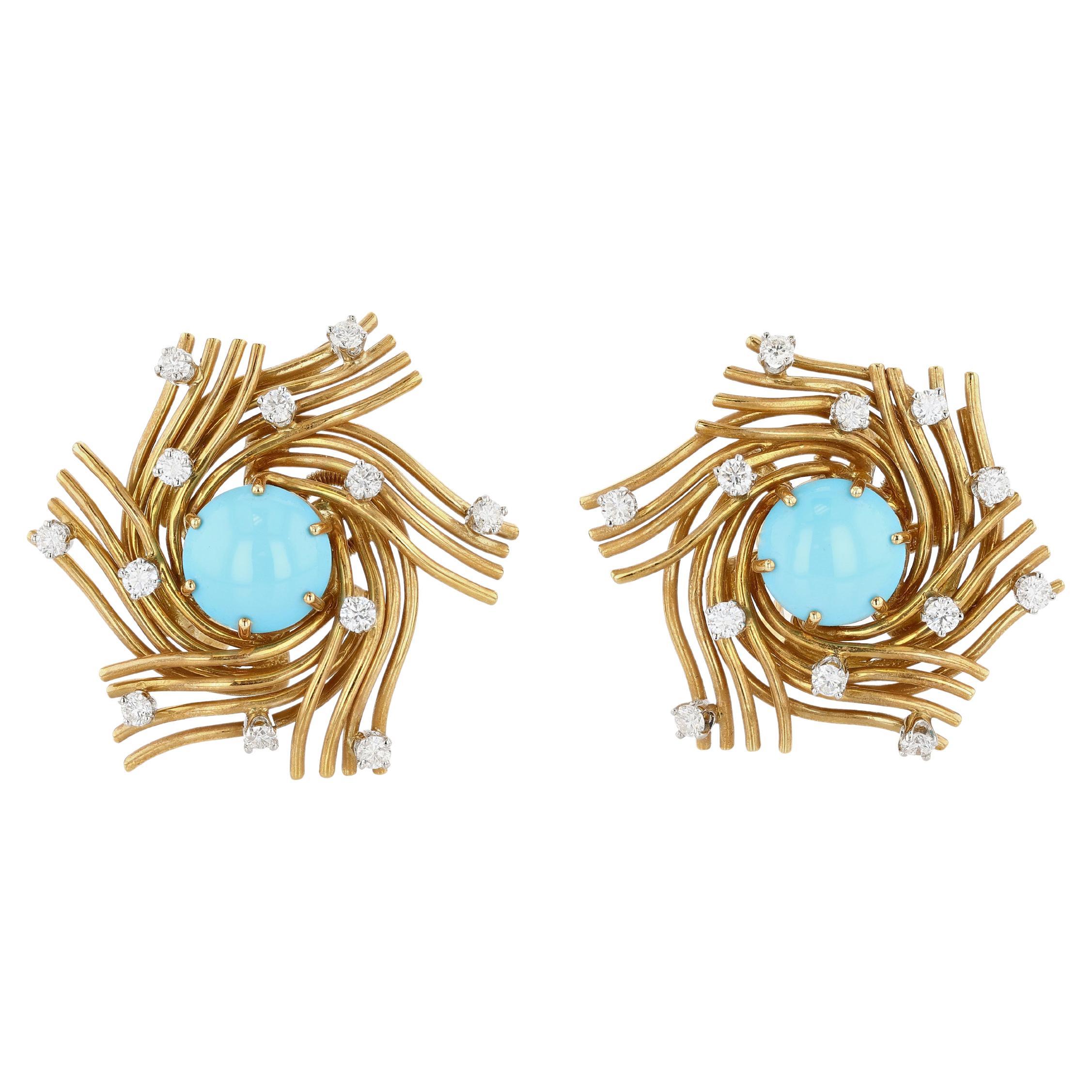 Schlumberger Tiffany & Co. Gold, Turquoise, and Diamond Bird's Nest Earclips