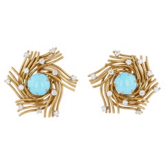 Schlumberger Tiffany & Co. Gold, Turquoise, and Diamond Bird's Nest Earclips