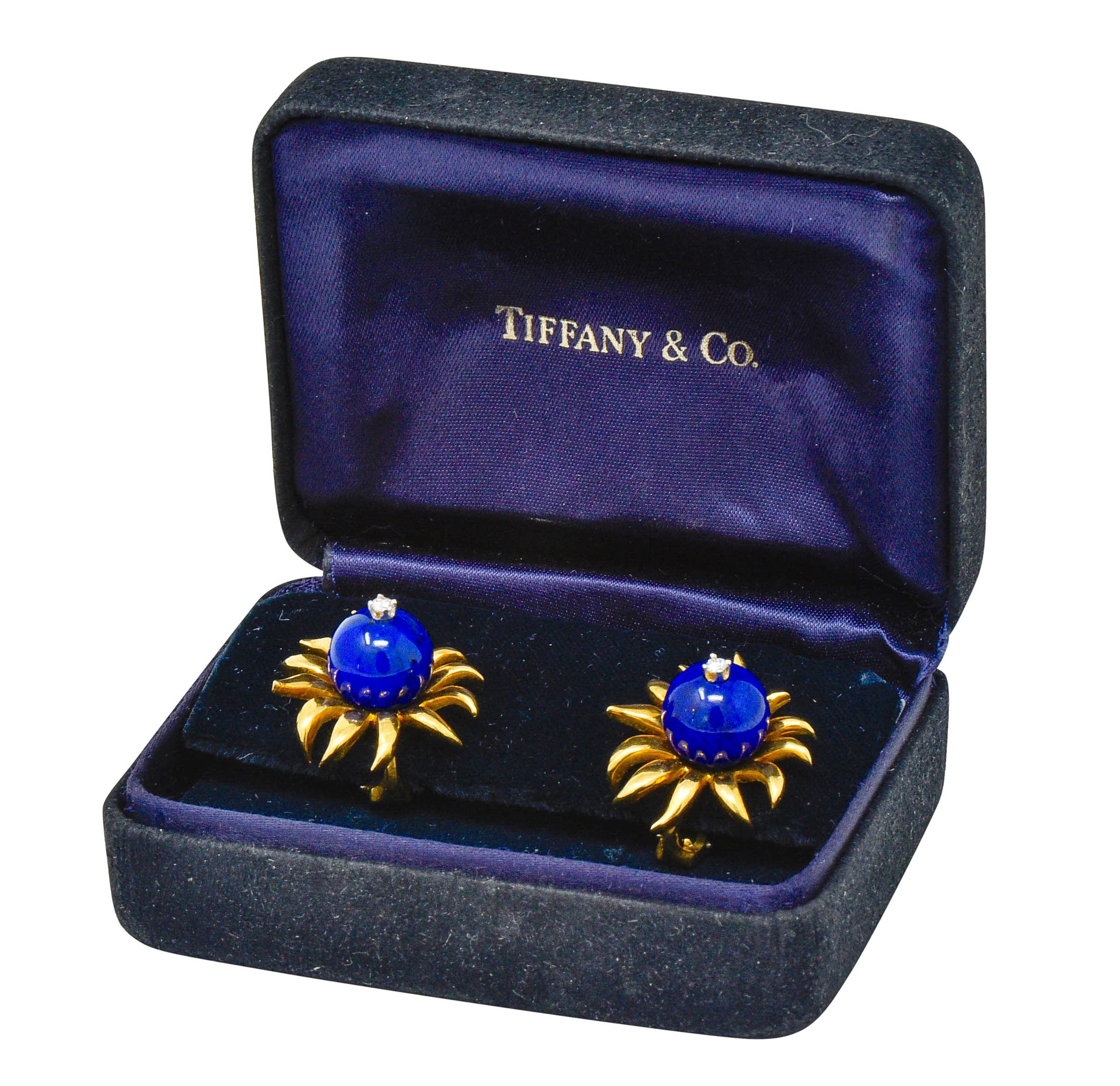 Contemporary Schlumberger Tiffany & Co. Lapis Diamond 18 Karat Gold Floral Ear-Clip Earrings