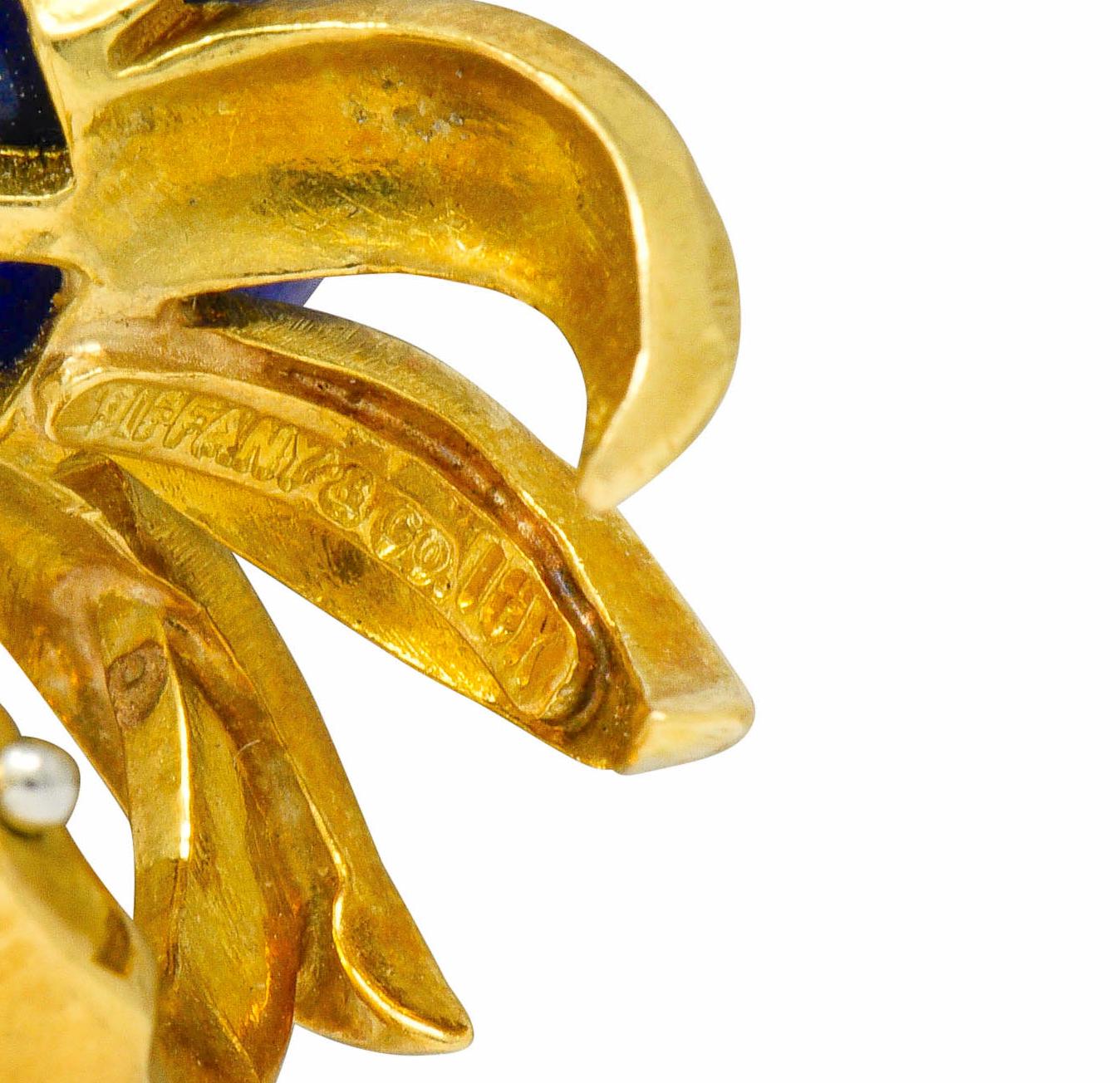 Women's or Men's Schlumberger Tiffany & Co. Lapis Diamond 18 Karat Gold Floral Ear-Clip Earrings