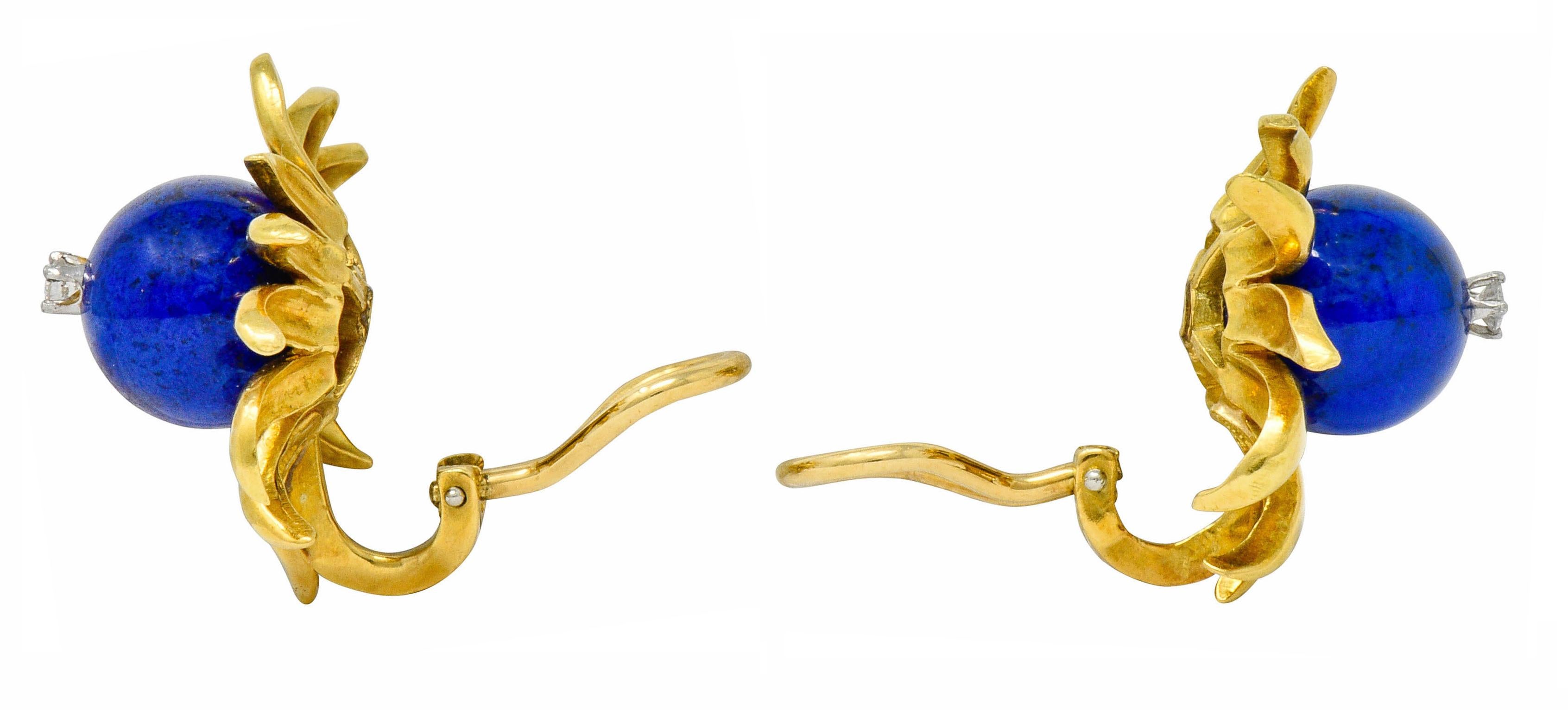 Schlumberger Tiffany & Co. Lapis Diamond 18 Karat Gold Floral Ear-Clip Earrings 2