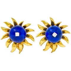 Schlumberger Tiffany & Co. Lapis Diamond 18 Karat Gold Floral Ear-Clip Earrings
