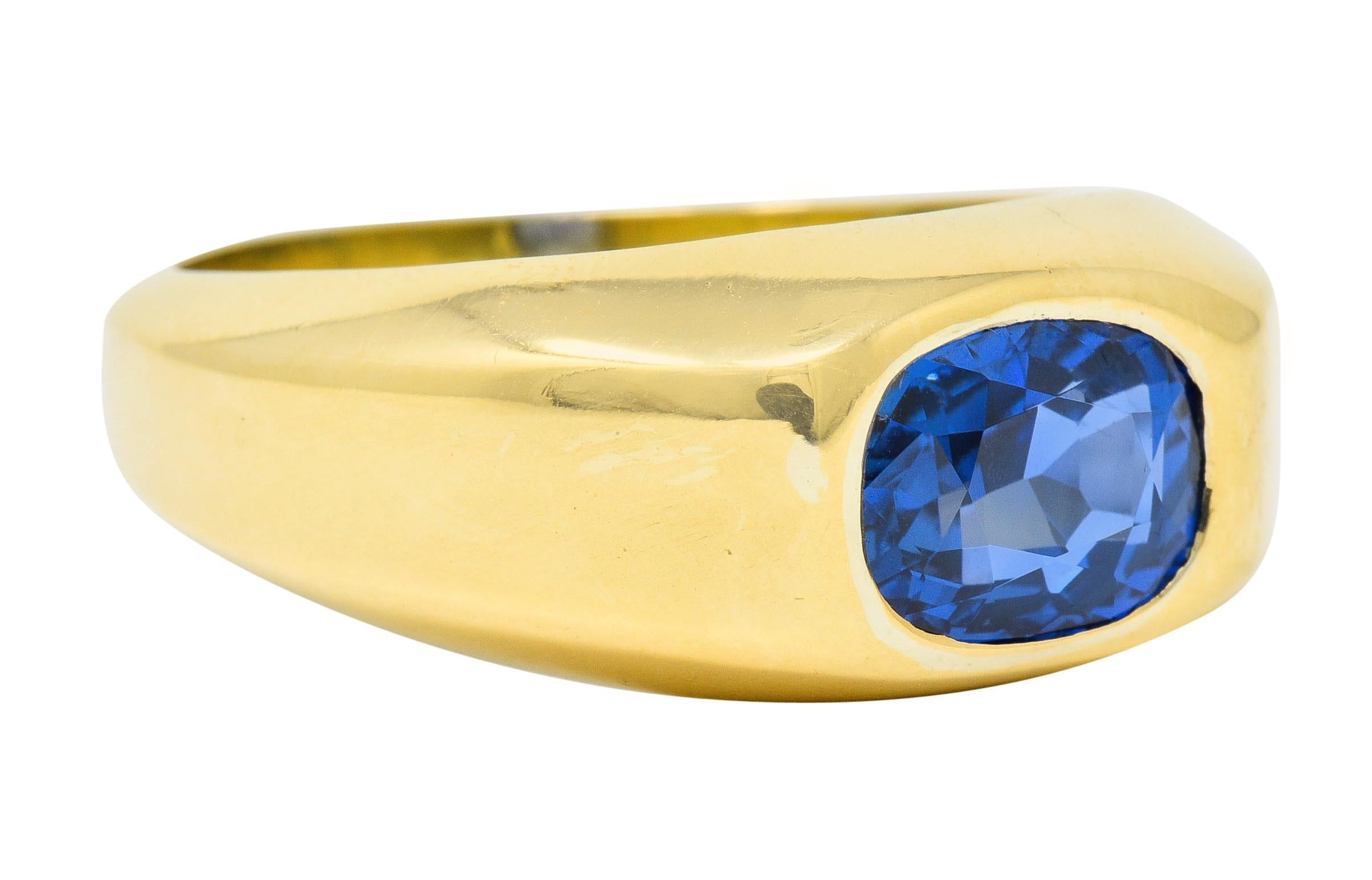 Signet style band ring with a high polished finish

Bezel set with an oval cut sapphire weighing approximately 2.85 carats

Transparent and medium-dark cornflower blue in color

Signed Tiffany & Schlumberger

Stamped 18K for 18 karat gold

French