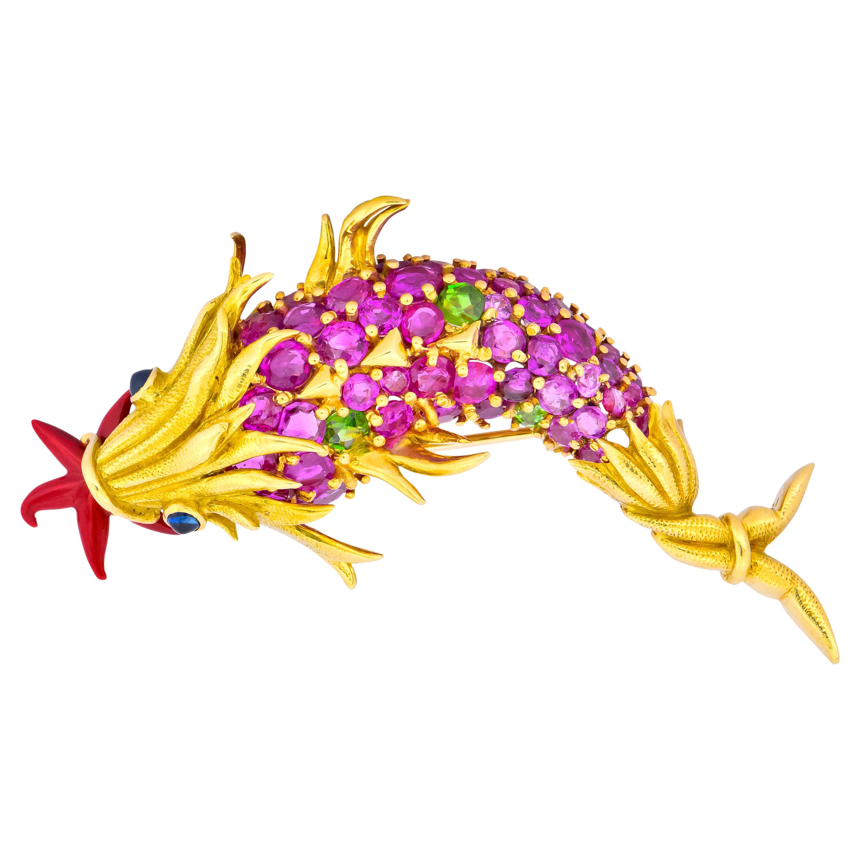 Schlumberger Tiffany & Co. Pink Sapphire Demantoid 18 Karat Dolphin Fish Brooch