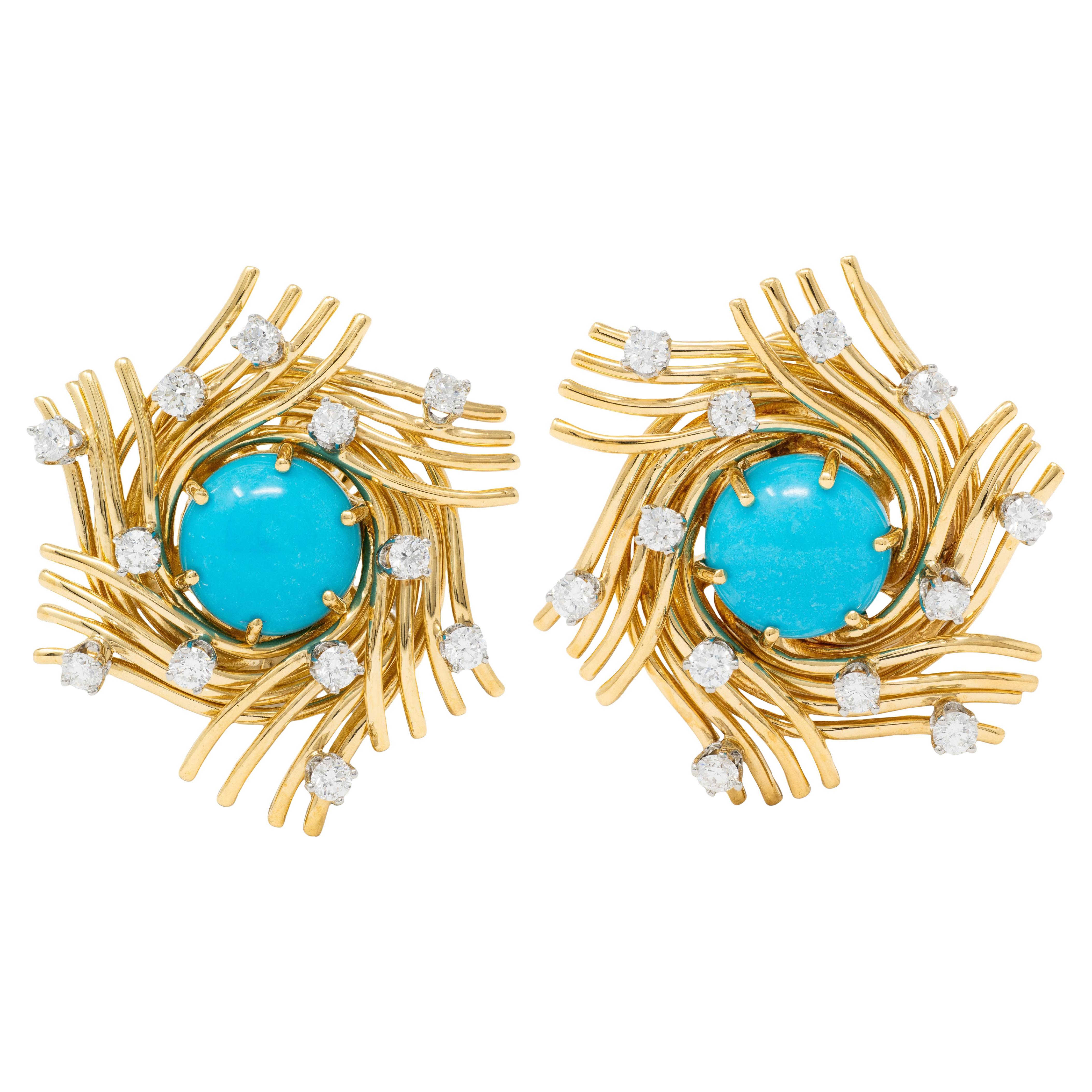 Schlumberger Tiffany 
Co. Turquoise Diamond Platinum 18K Vintage Nest Earrings im Angebot