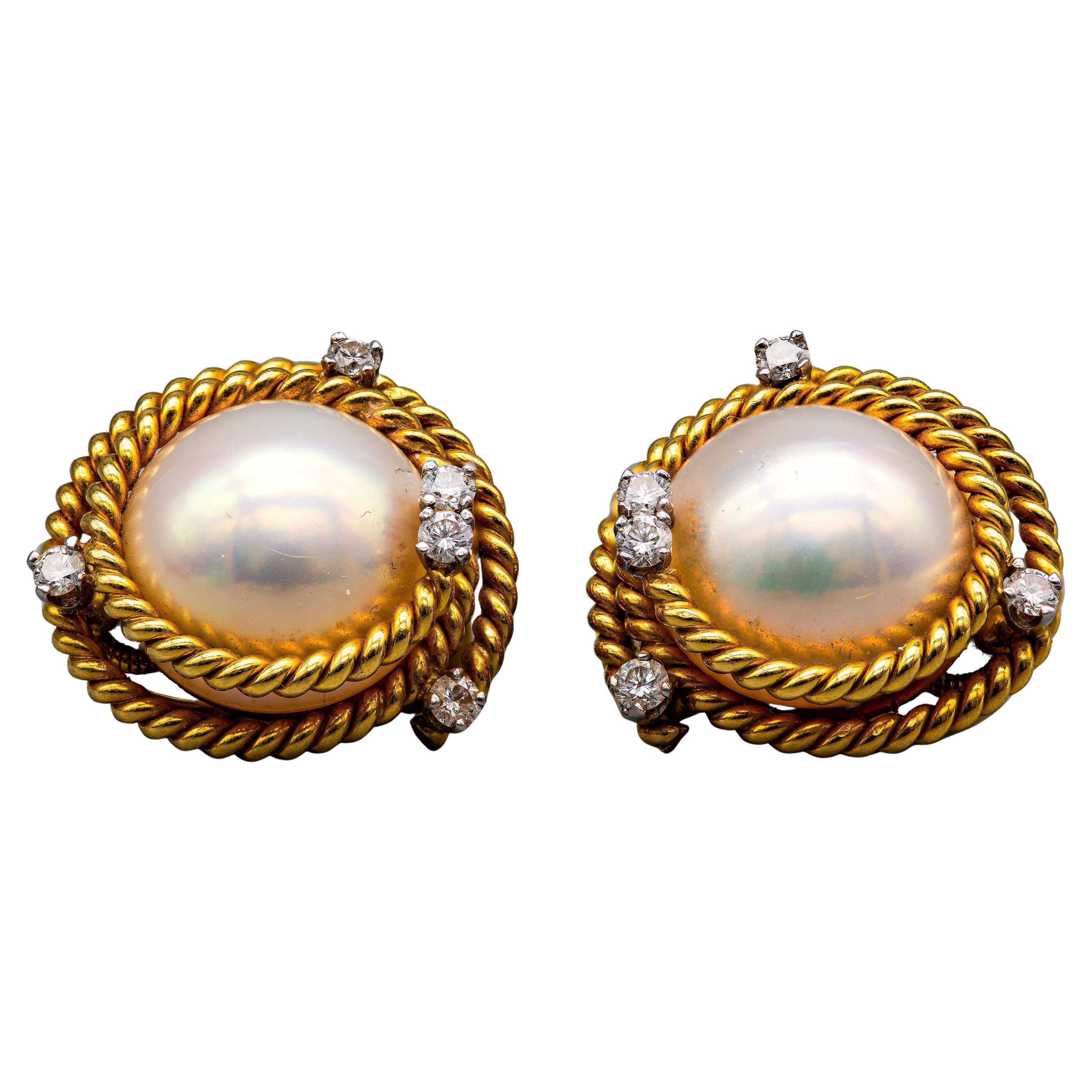 Schlumberger Tiffany&Co. 18k & Platin Perle & Diamant Clip-On-Ohrringe