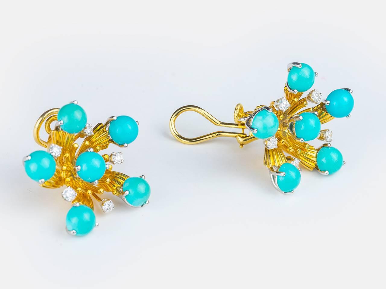 18k gold turquoise and diamond Earclips on a windmill designe.Signed TIFFANY & CO> SCHLUMBERGER 750. Boxed.