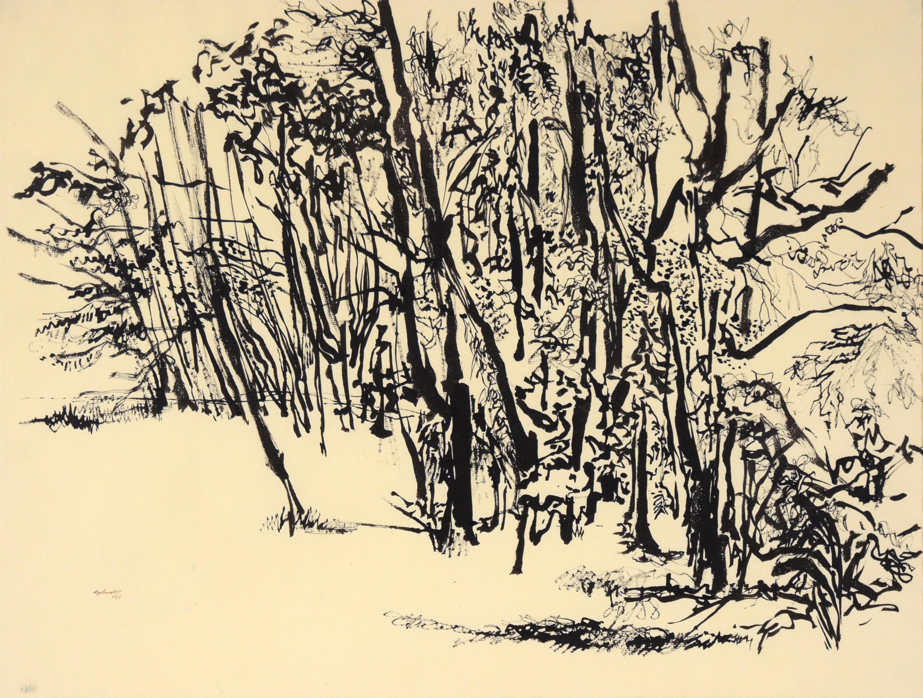 Paesaggio forestale in inchiostro Sumi su carta - Painting di Schmidt