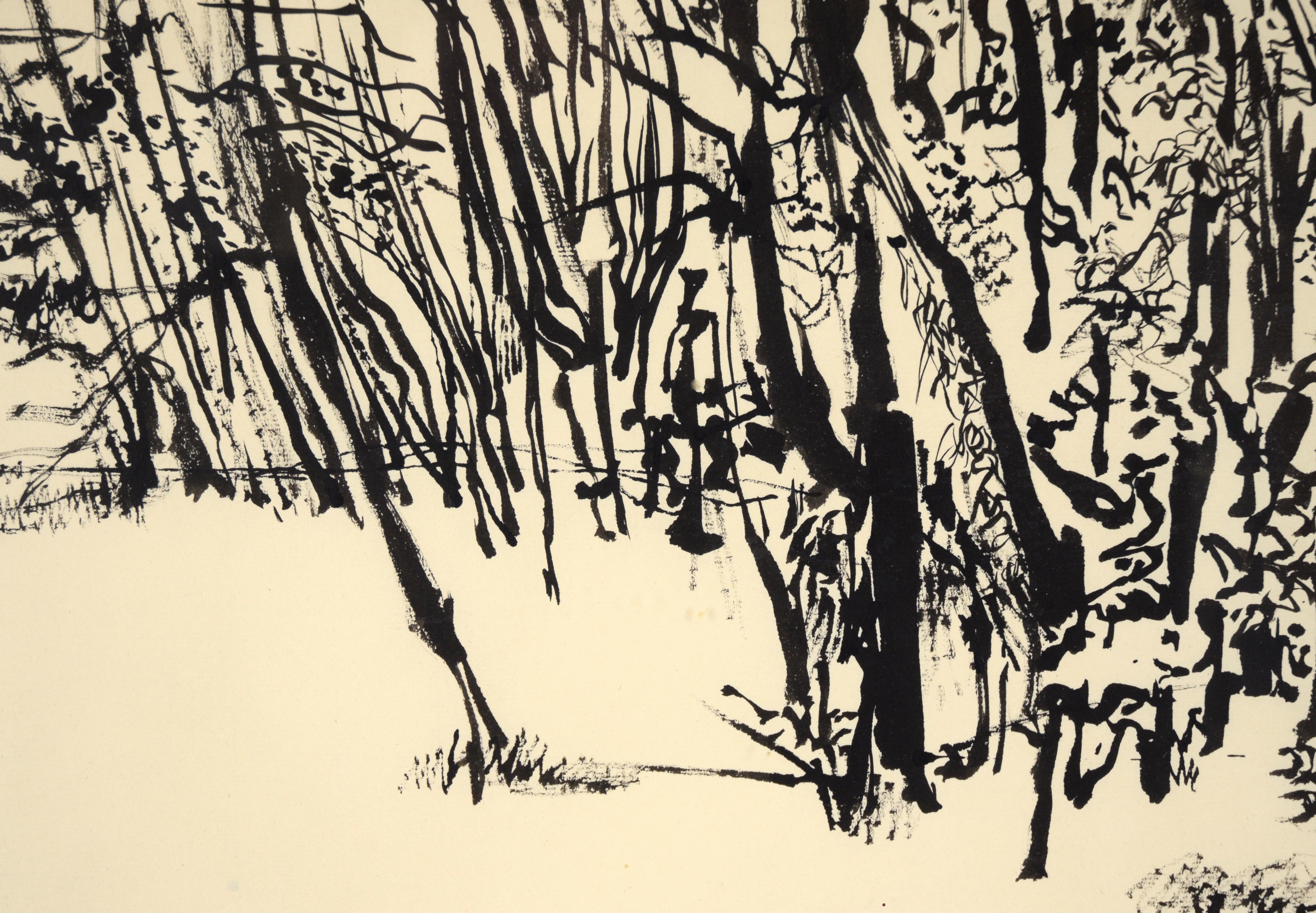 Paesaggio forestale in inchiostro Sumi su carta in vendita 1