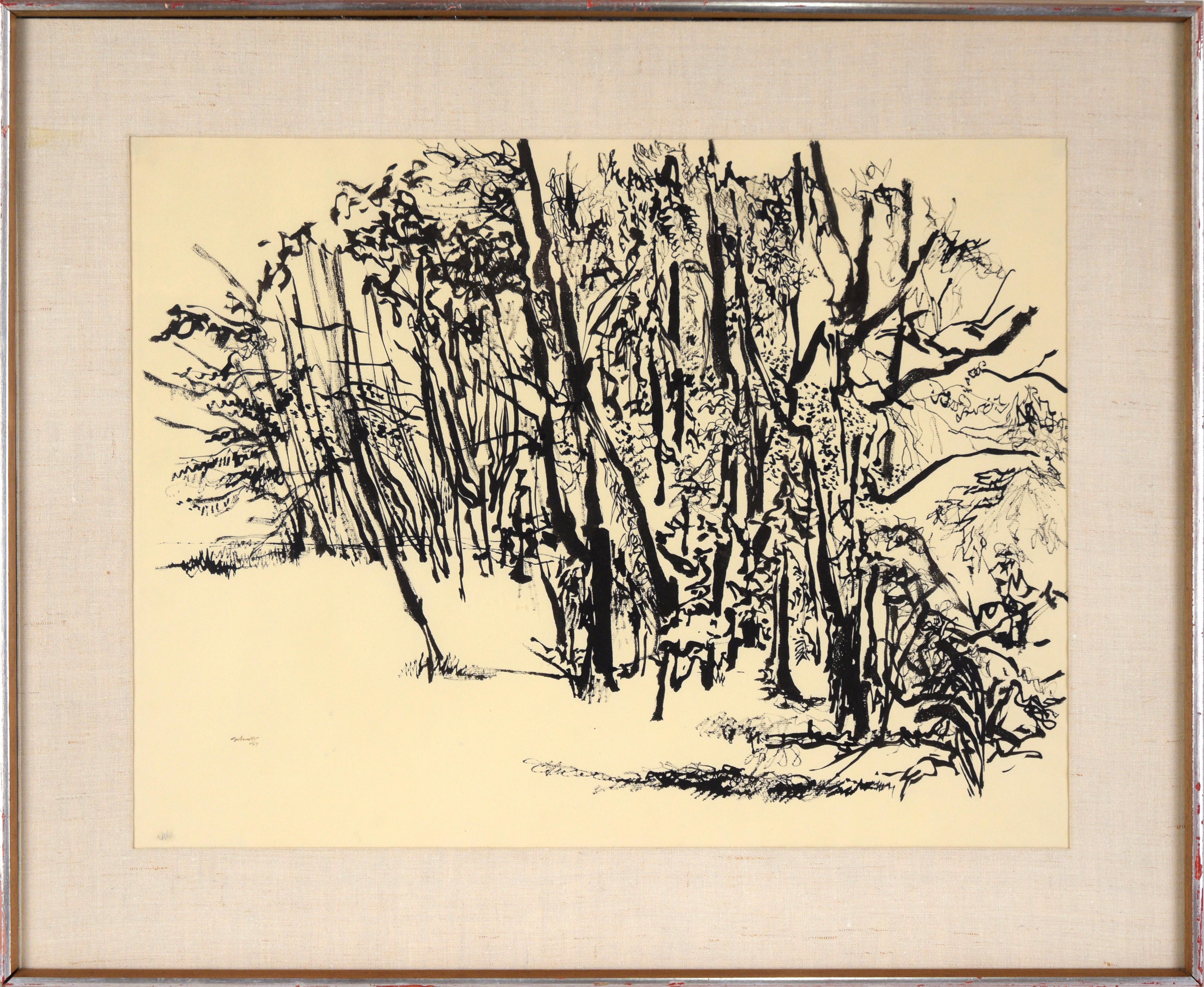 Paisaje forestal en tinta Sumi sobre papel