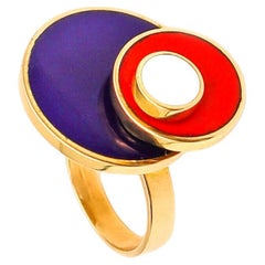 Vintage Schmitt & Staib Germany 1971 Enamel Mondrianesque Kinetic Spinner Ring 18Kt Gold