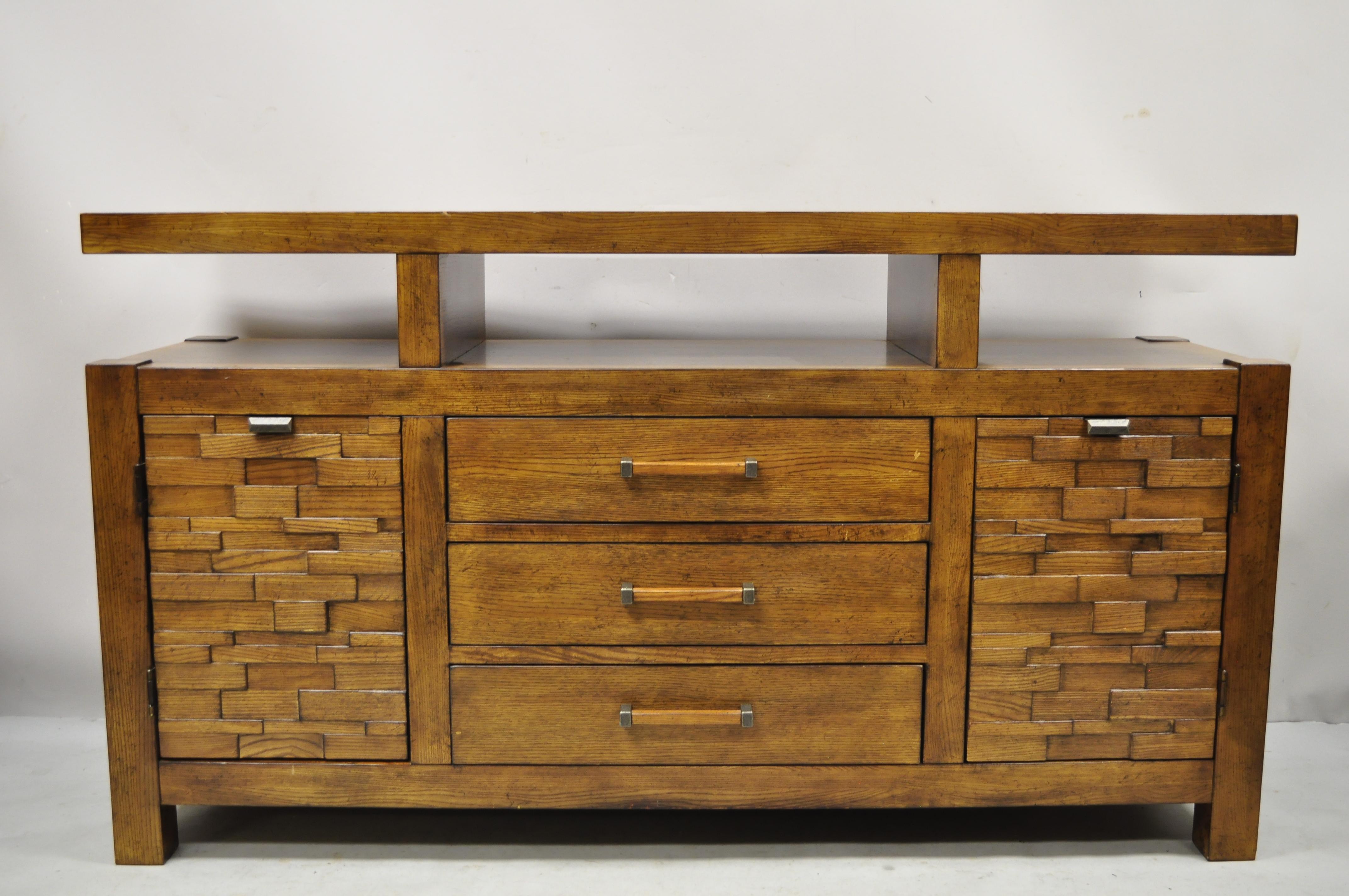 Schnadig Home Collections river run oak sideboard buffet granite top. Item features wood construction, beautiful wood grain, distressed finish, 2 swing door, original label, 3 dovetailed drawer, very nice item, great style and form. Circa 2014.