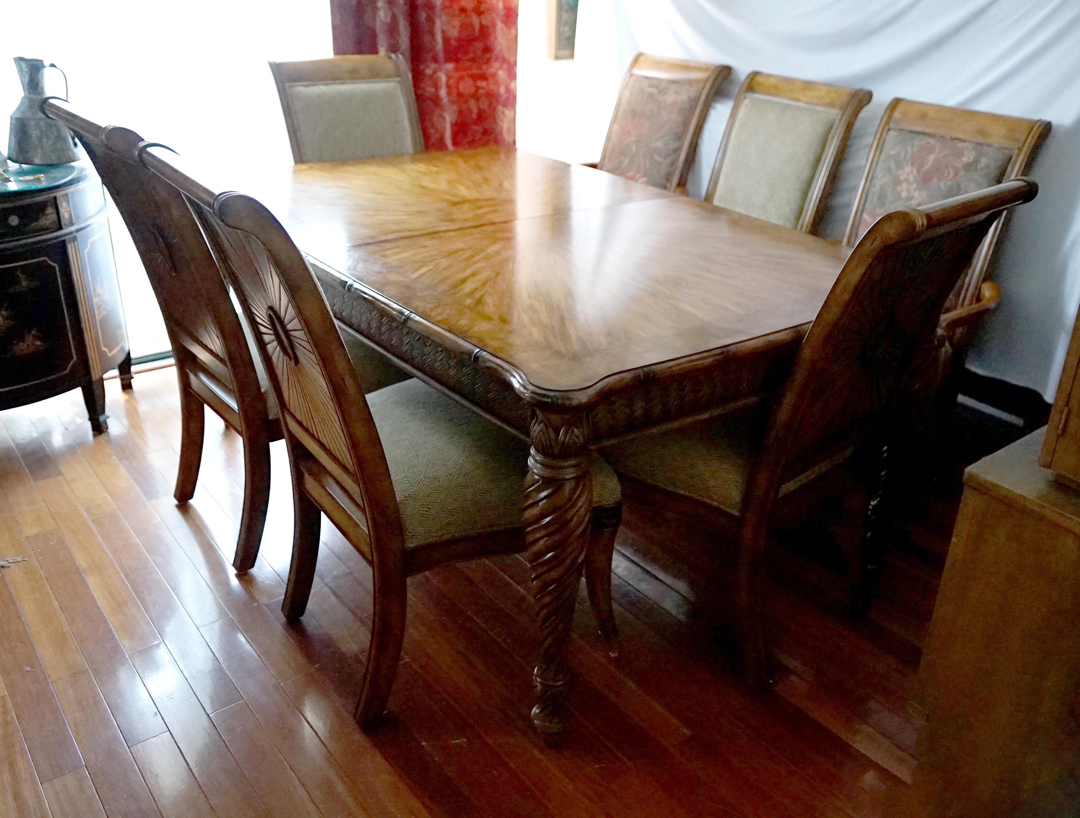 Schnadig William IV Dining Room Set 8 Chairs Burl Wood Table with 2 Leaves For Sale 4