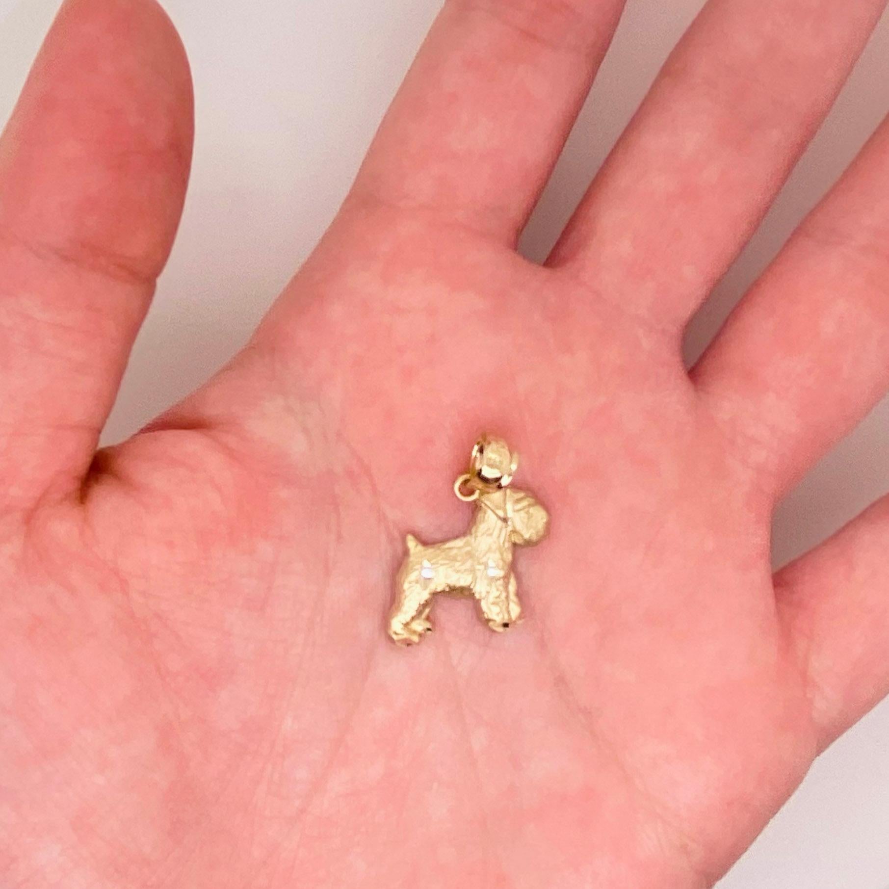 This adorable 14 karat gold schnauzer pendant is absolutely adorable! Germany’s entry in the quest for an ideal farm dog was the breed that would come to be known as the Schnauzer. During the birth of Europe’s organized show scene in the 1870s, the