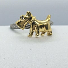 Schnauzer White Yellow 18k Gold Handmade Diamond Ring 4.4 Gram Size 6.5
