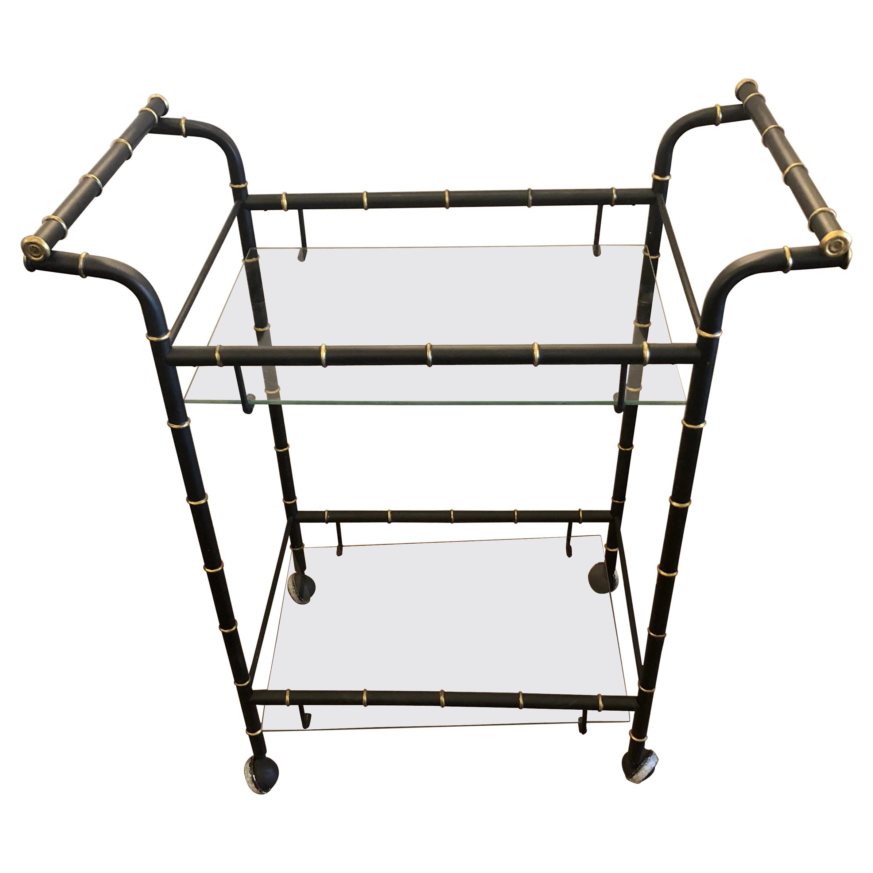 Schnazzy Hollywood Regency Faux Bamboo Black & Gold Vintage Bar Cart