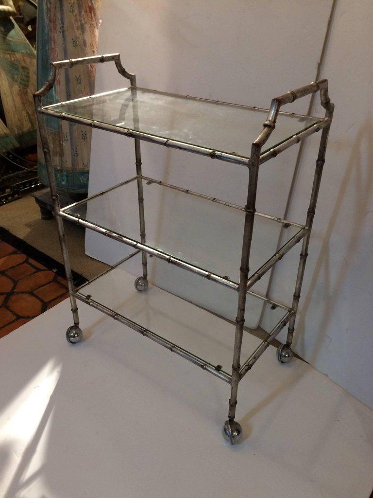 Schnazzy Maison Jansen Style Faux Bamboo Silverleaf Bar Cart For Sale 1