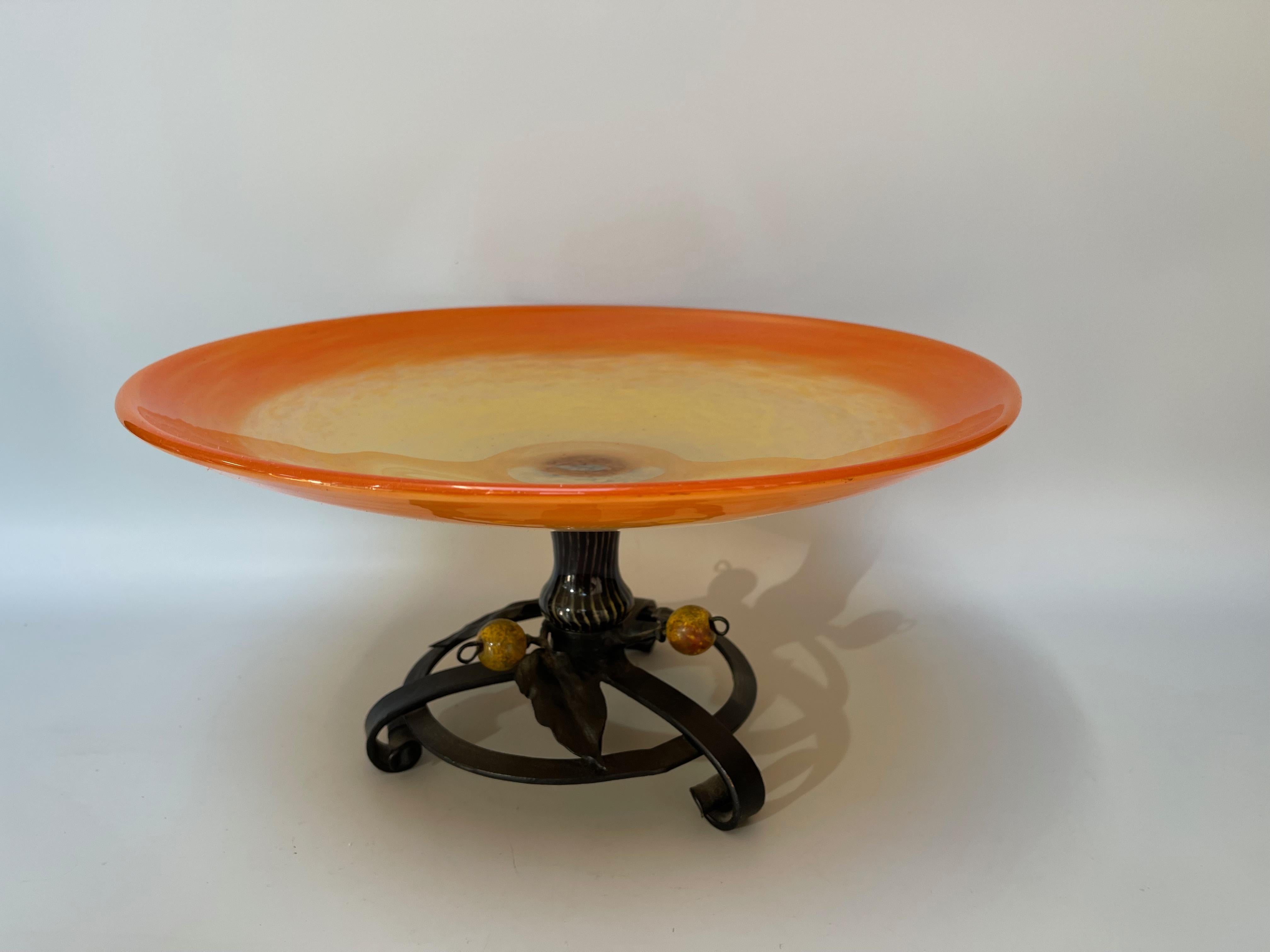 Schneider art deco bowl on wrought iron base For Sale 4