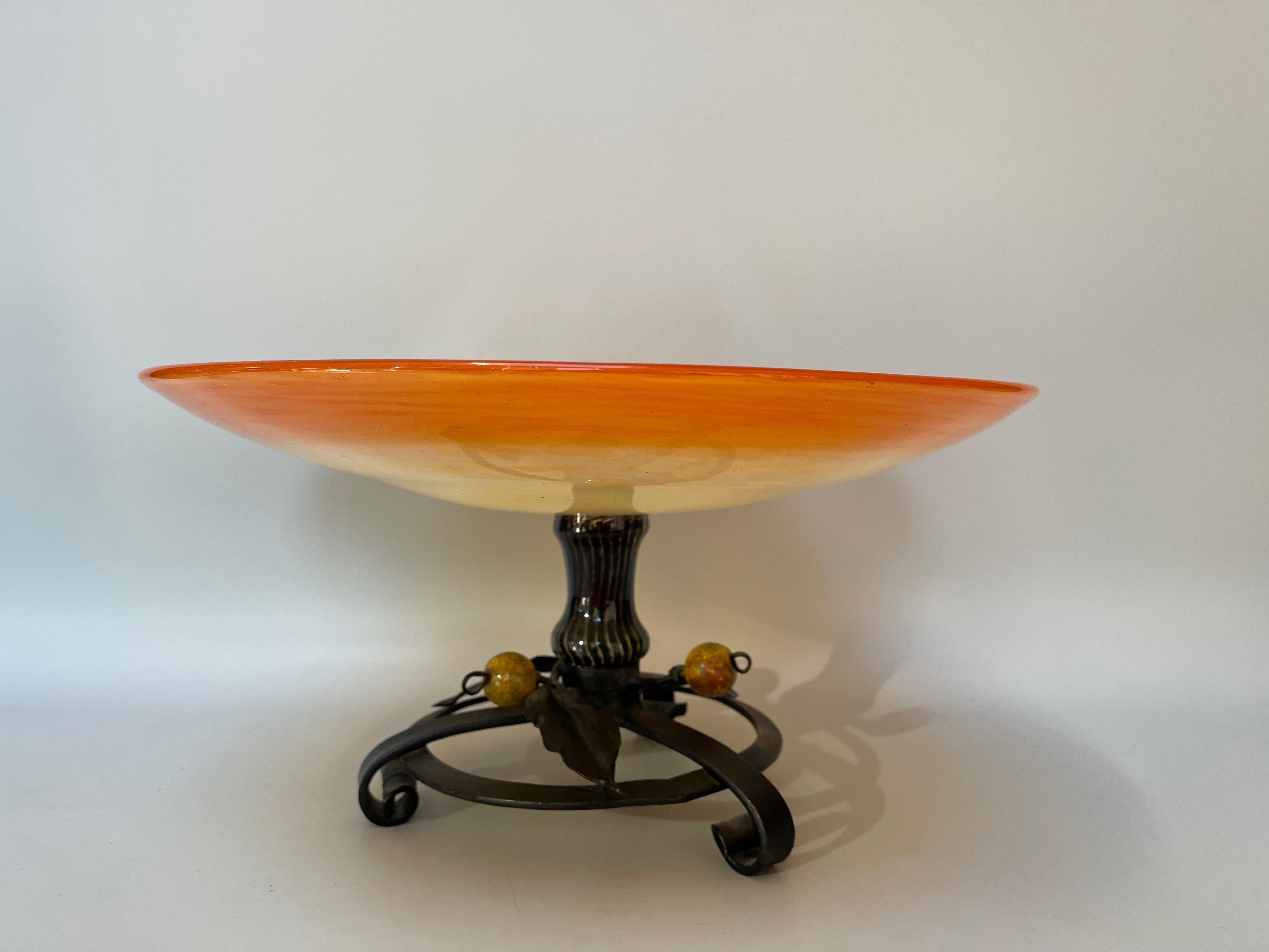 Schneider art deco bowl on wrought iron base For Sale 5