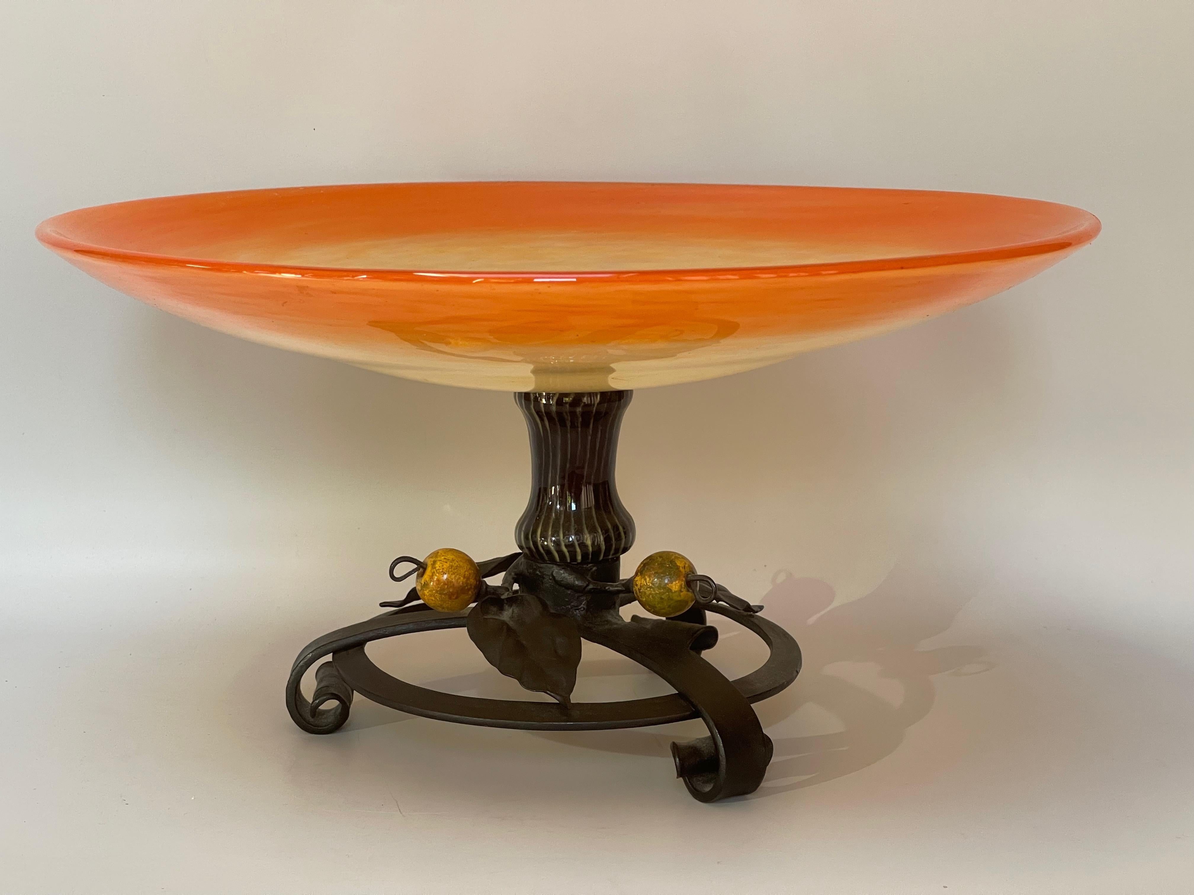French Schneider art deco bowl on wrought iron base For Sale