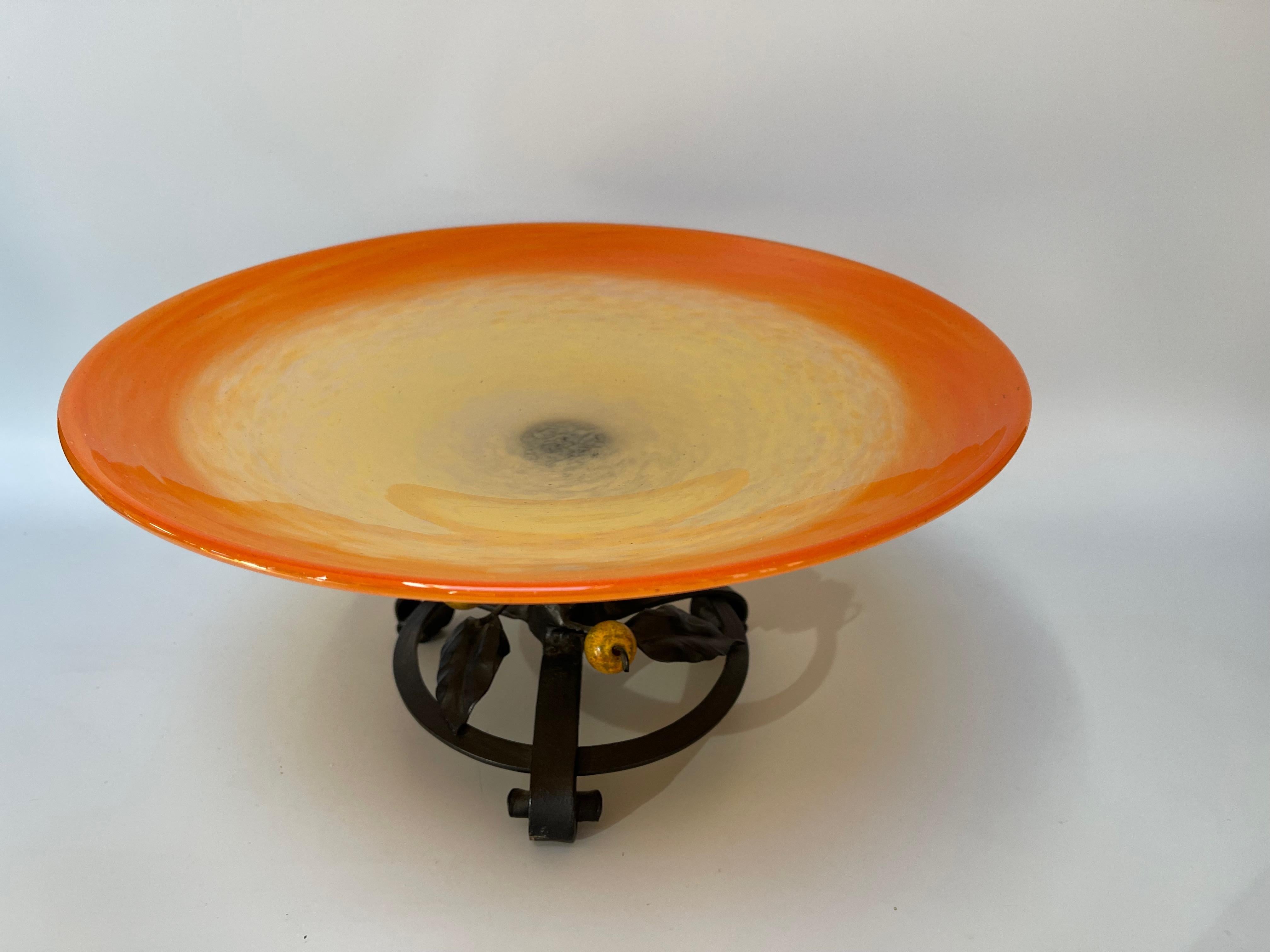 Schneider art deco bowl on wrought iron base For Sale 1