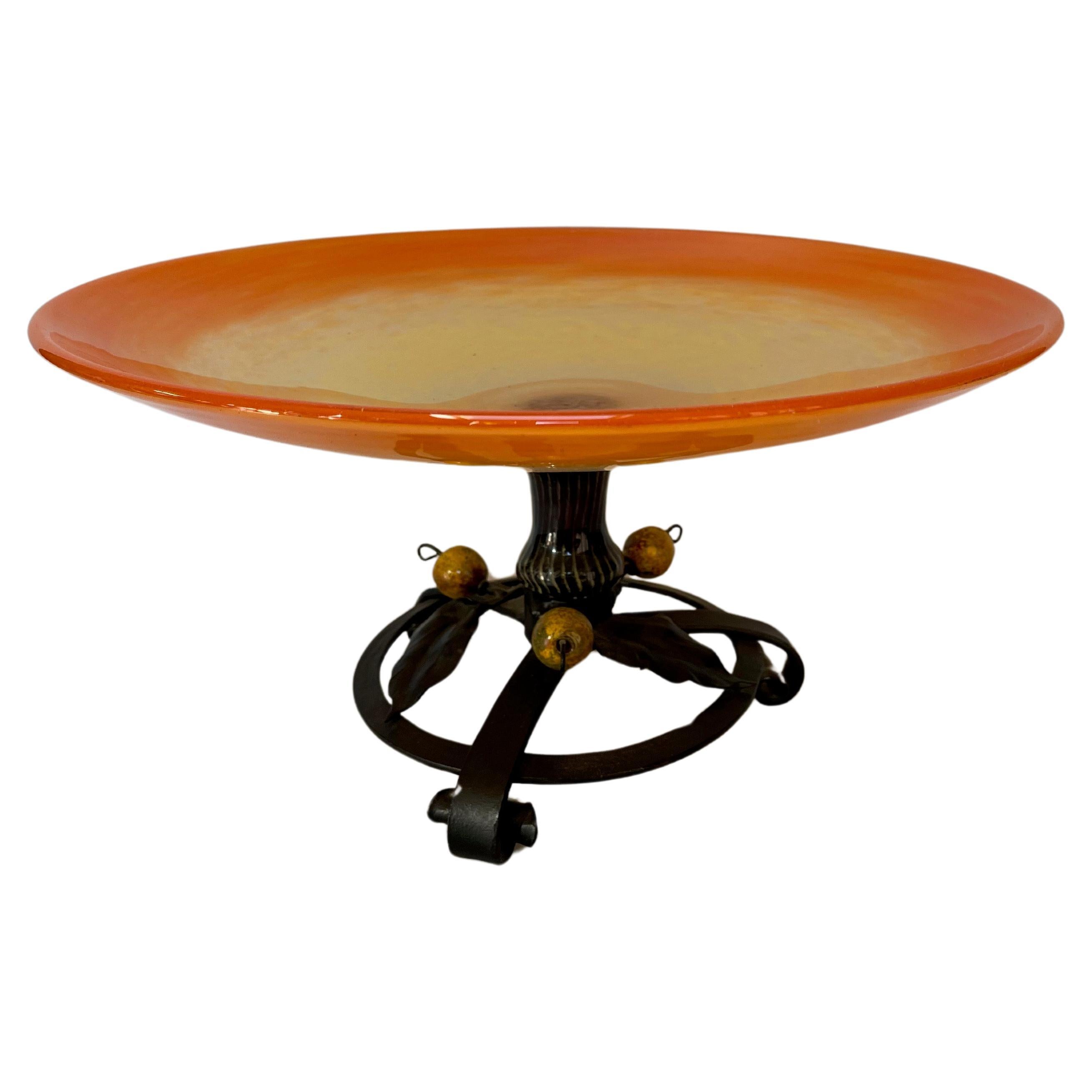 Schneider art deco bowl on wrought iron base For Sale