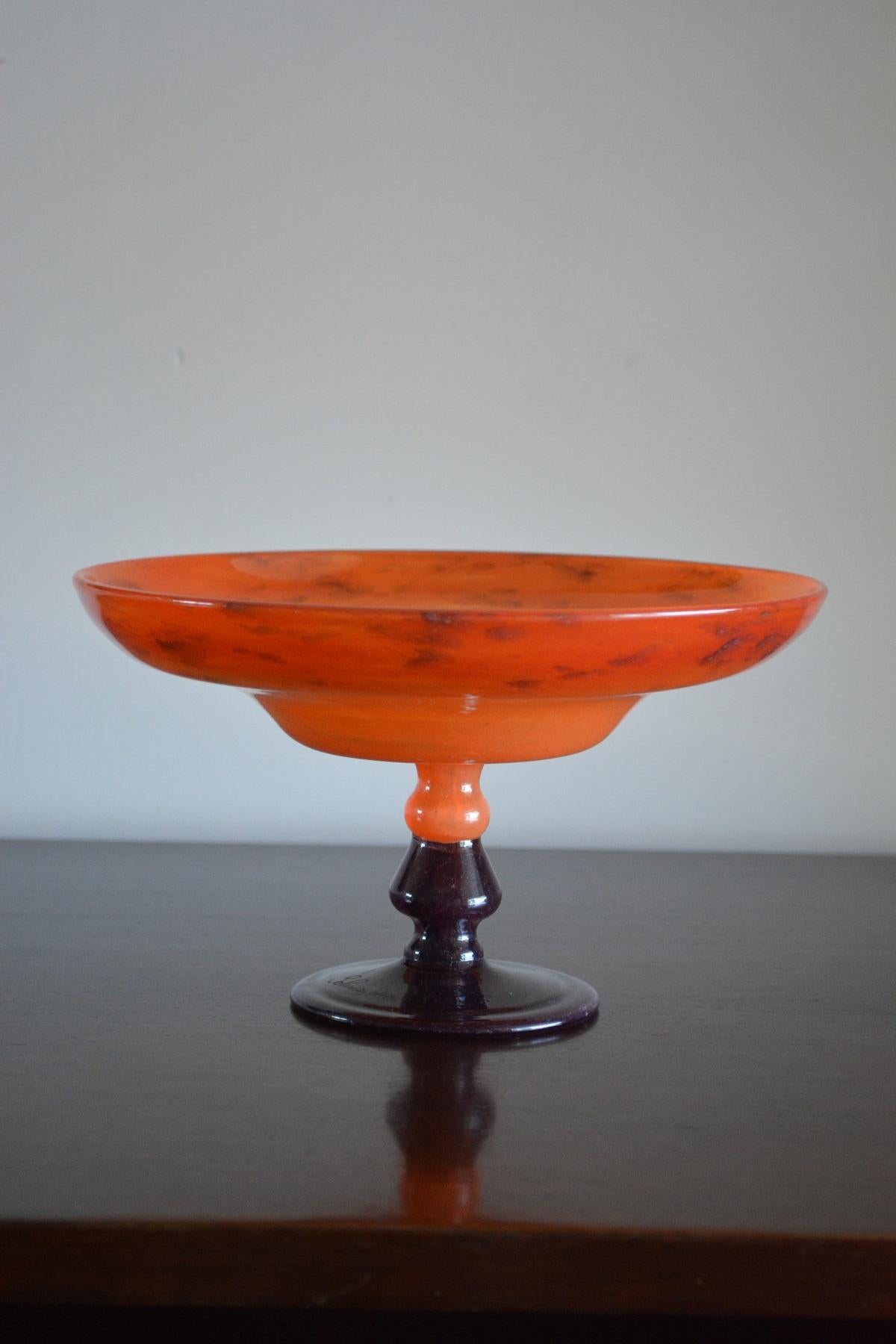 Early 20th Century Schneider Art Deco Orange Glass French Coupe Bijoux For Sale