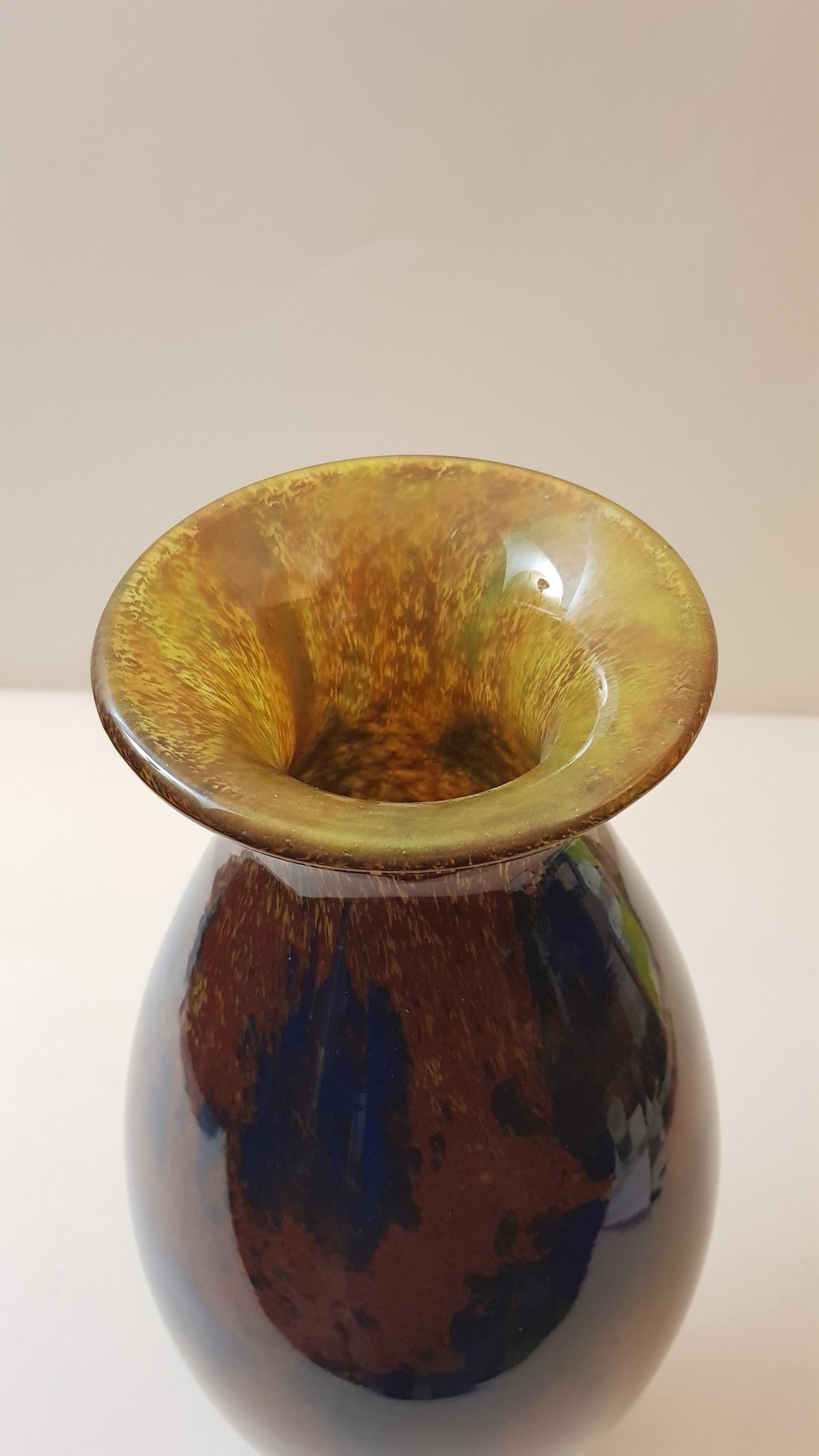 Early 20th Century Schneider France Art Deco Jades Glass Blue Brown Orange Vase, 1927s