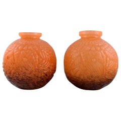 Schneider, France. Two Large Round Art Deco Vases in Orange Art Glass Schneider, France. Two Large Round Art Deco Vases in Orange Art Glass