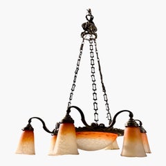 Schneider glass chandelier french Art Deco 1920 7 lights sign