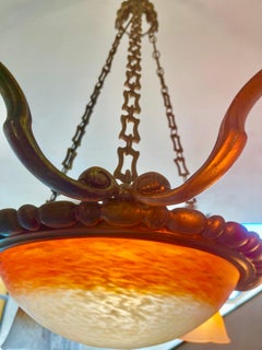 Schneider Glas-Kronleuchter französisch Jugendstil 7 Lichter Zeichen, Frankreich