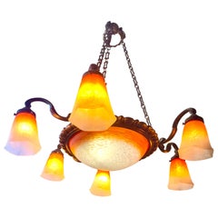 Schneider Glas-Kronleuchter französisch Jugendstil 7 Lichter Zeichen, Frankreich