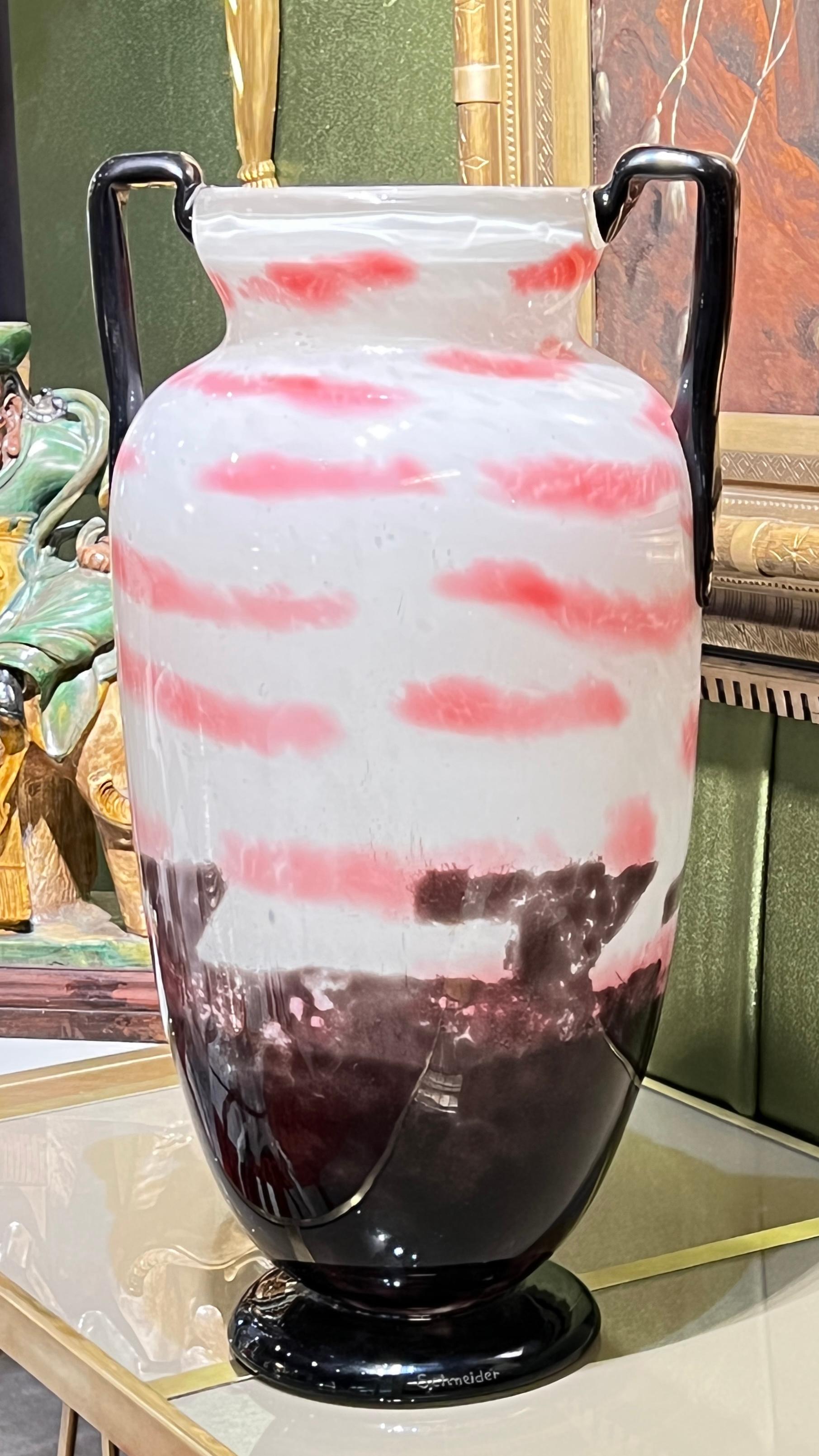 Art Glass Schneider Large Violet Pink and White Glass Vase