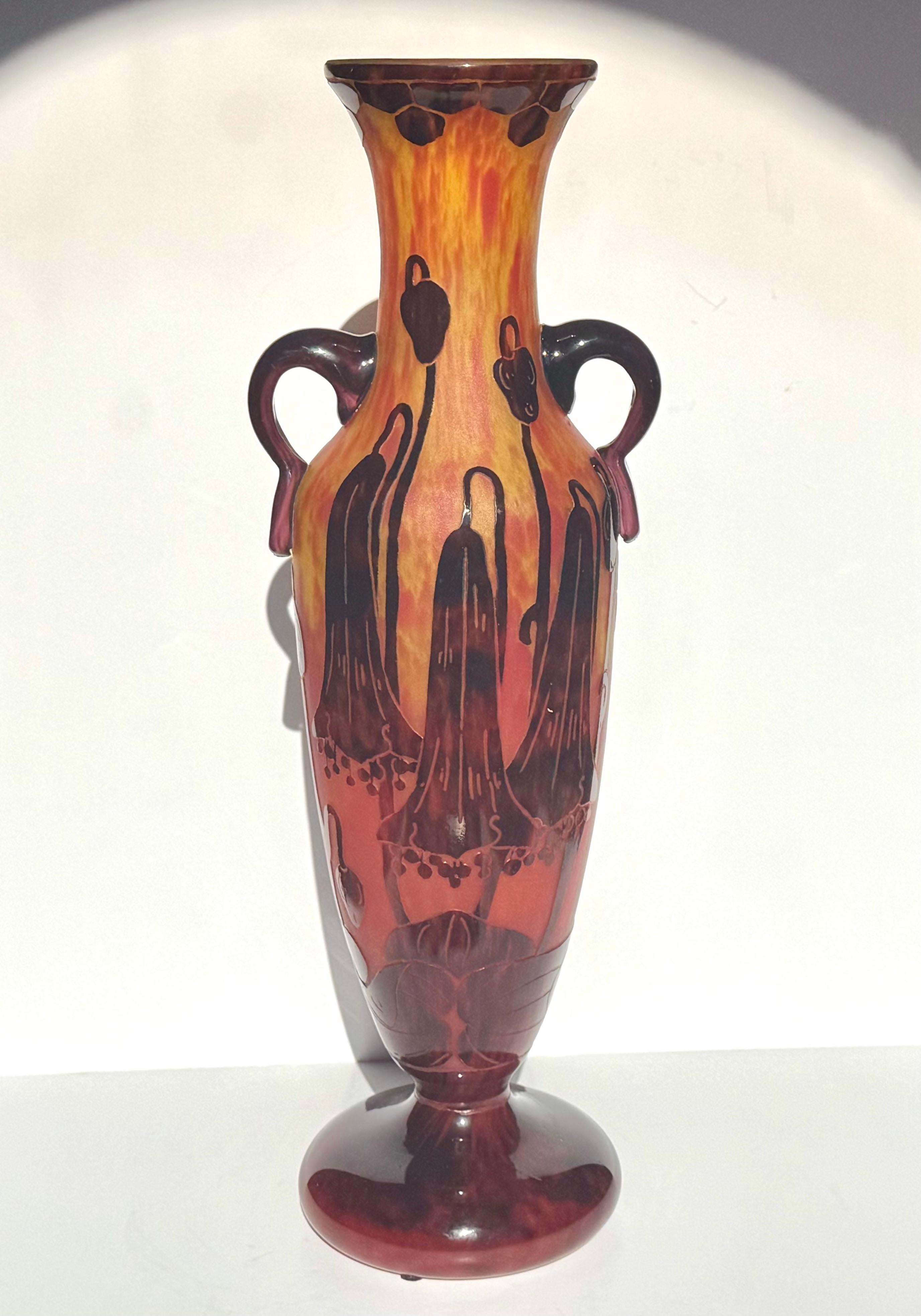 Art Nouveau Schneider Le Verre Francaise Carved Handled Art Deco Vase For Sale