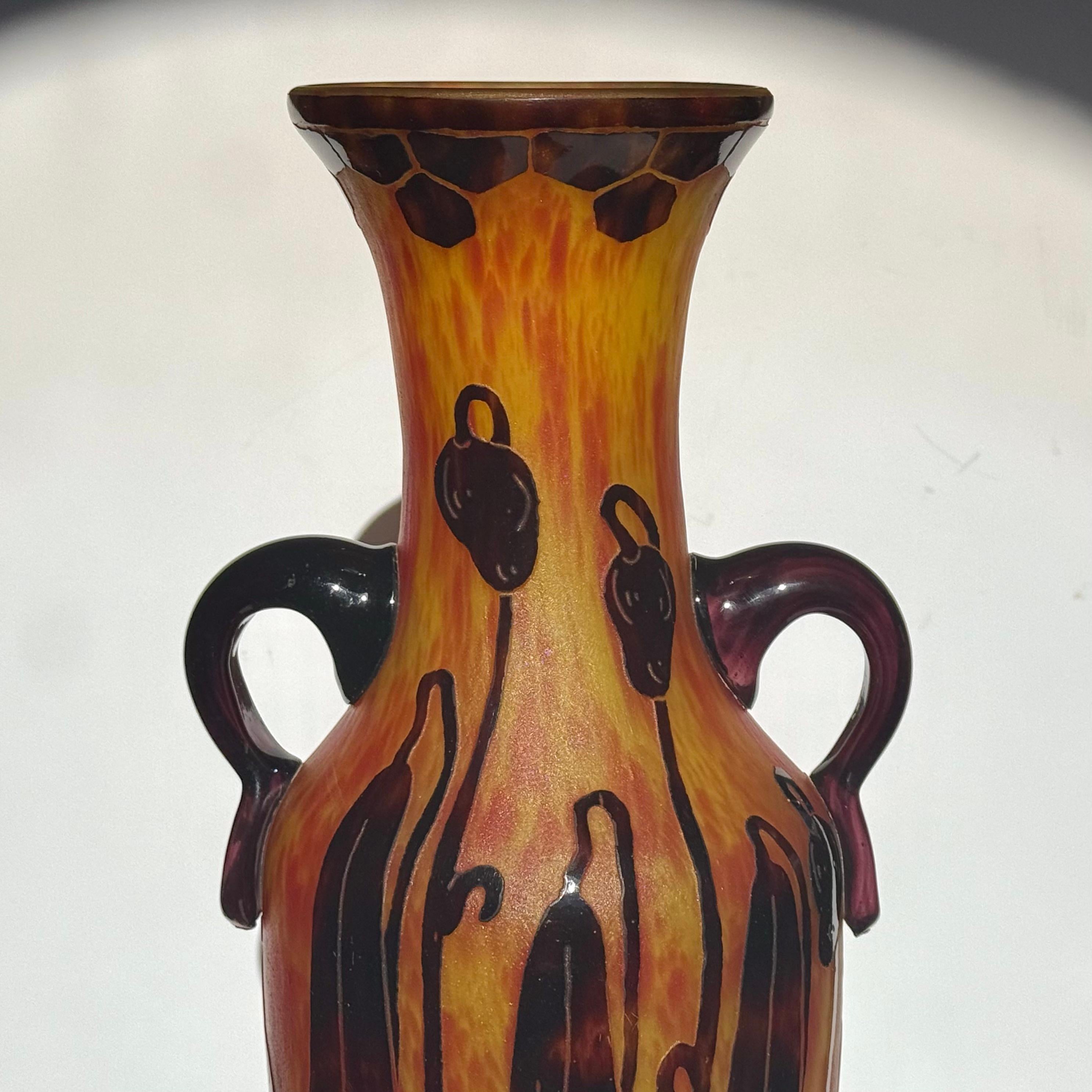 French Schneider Le Verre Francaise Carved Handled Art Deco Vase For Sale