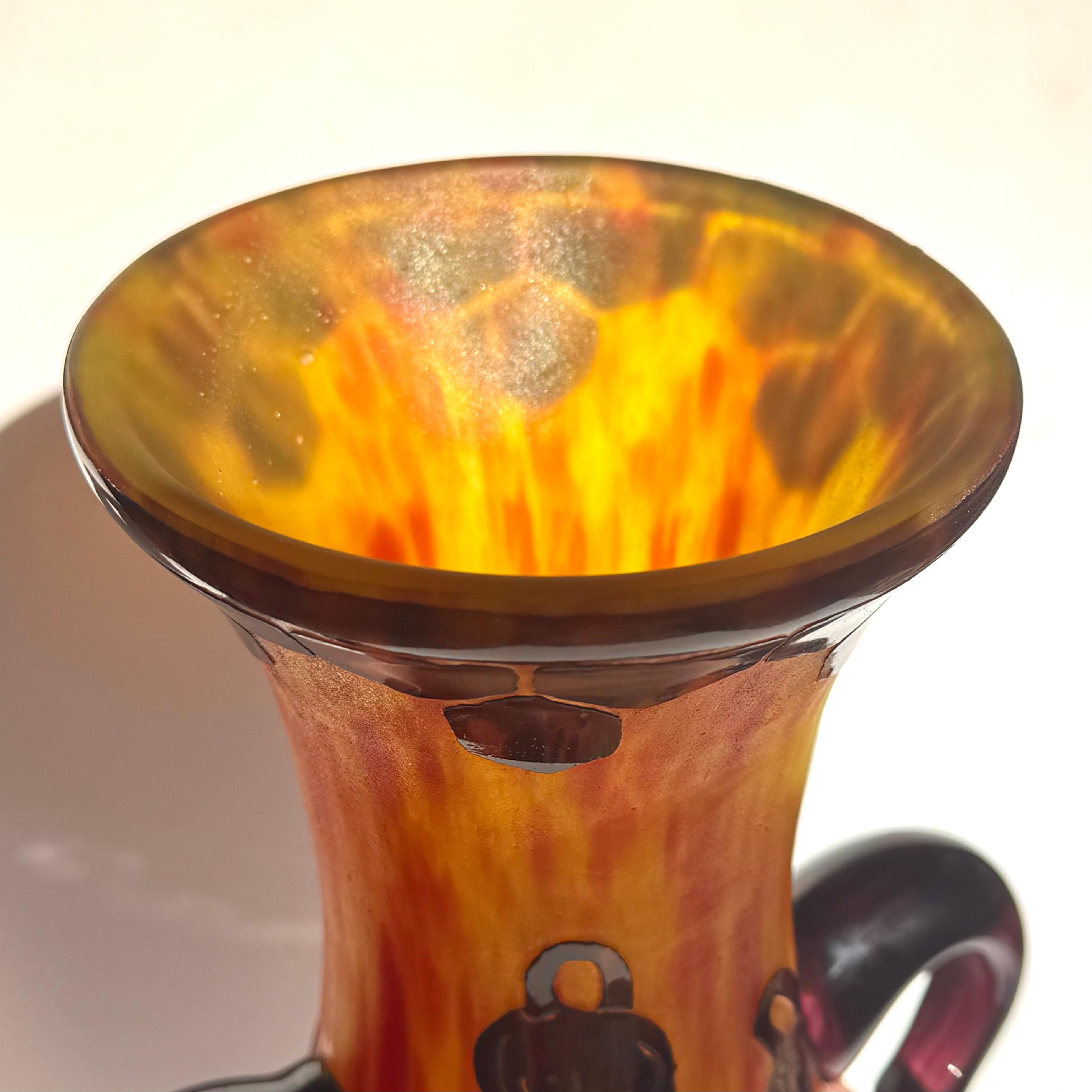 Art Glass Schneider Le Verre Francaise Carved Handled Art Deco Vase For Sale