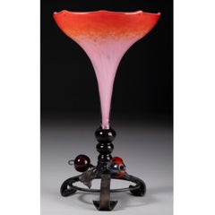 Schneider Mottled Glass Vase with Wrought Iron Mount Circa 1920