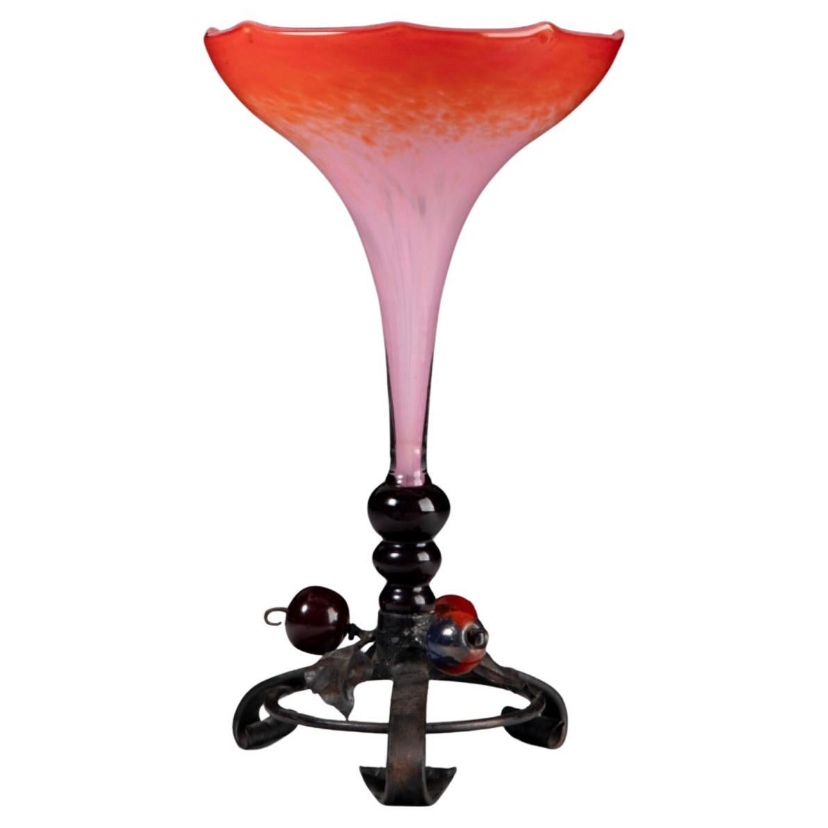 Schneider Mottled Glass Vase with Wrought Iron Mount Circa 1920 For Sale