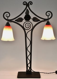 SchneiderArt Deco double light table lamp on wrought iron base with rose 1925