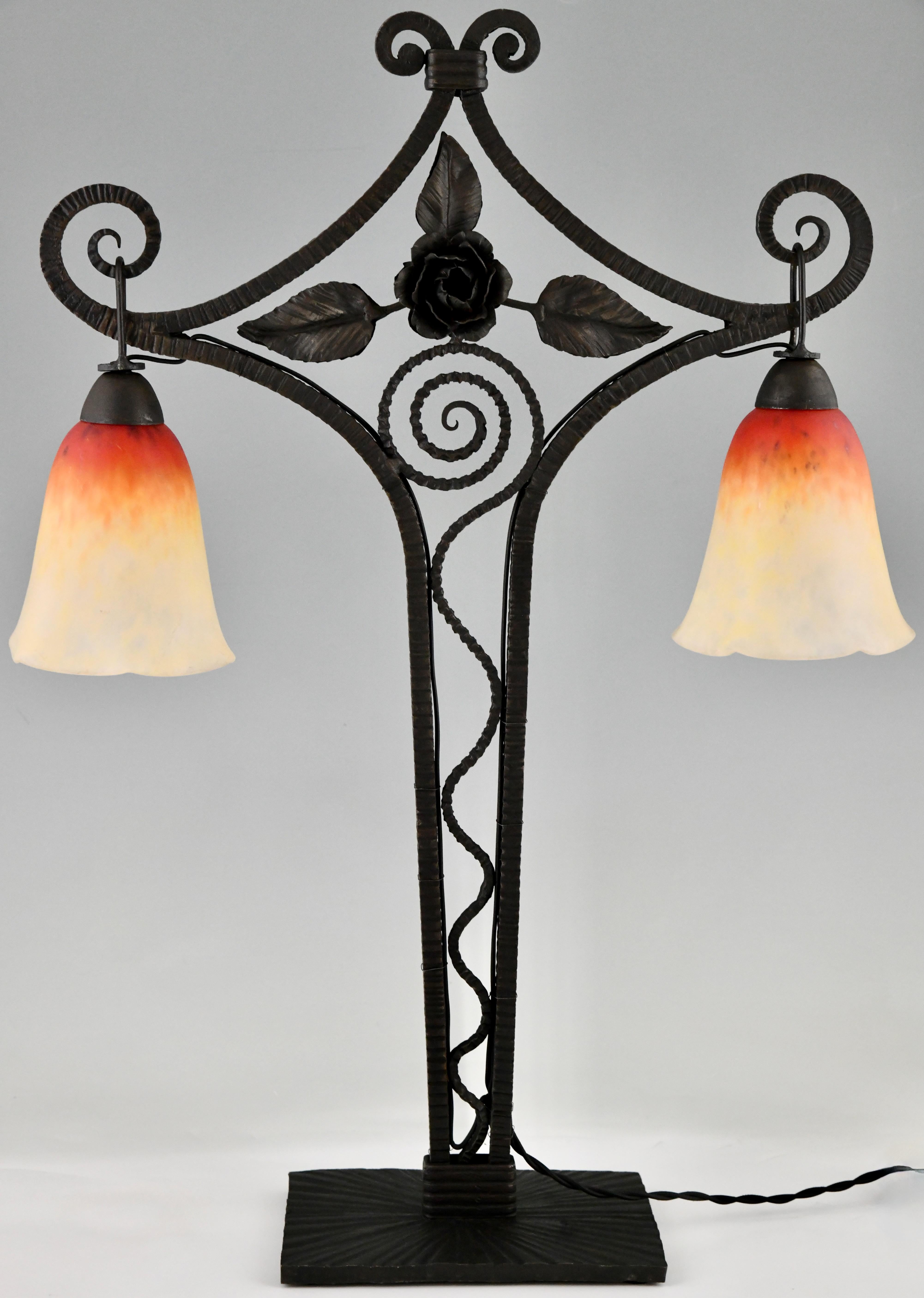 French SchneiderArt Deco double light table lamp on wrought iron base with rose 1925